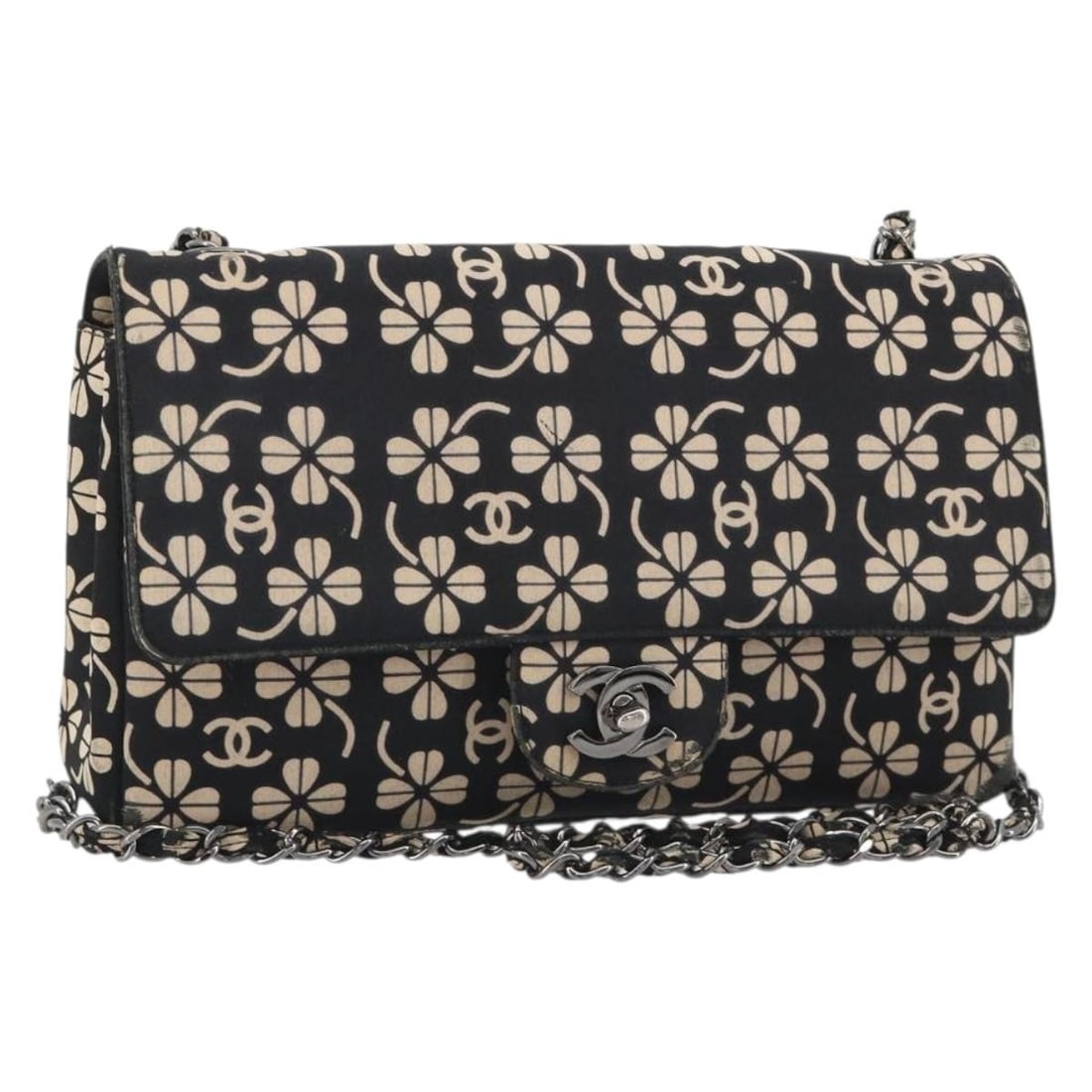 CHANEL CC Canvas Shoulder Bag Black Silver with Guarantee Card: CHANEL CC Canvas Shoulder Bag Black Silver with Guarantee Card CHANEL shoulder bag in black and silver canvas, made in France. It comes with a guarantee card and features a shoulder strap drop of appr