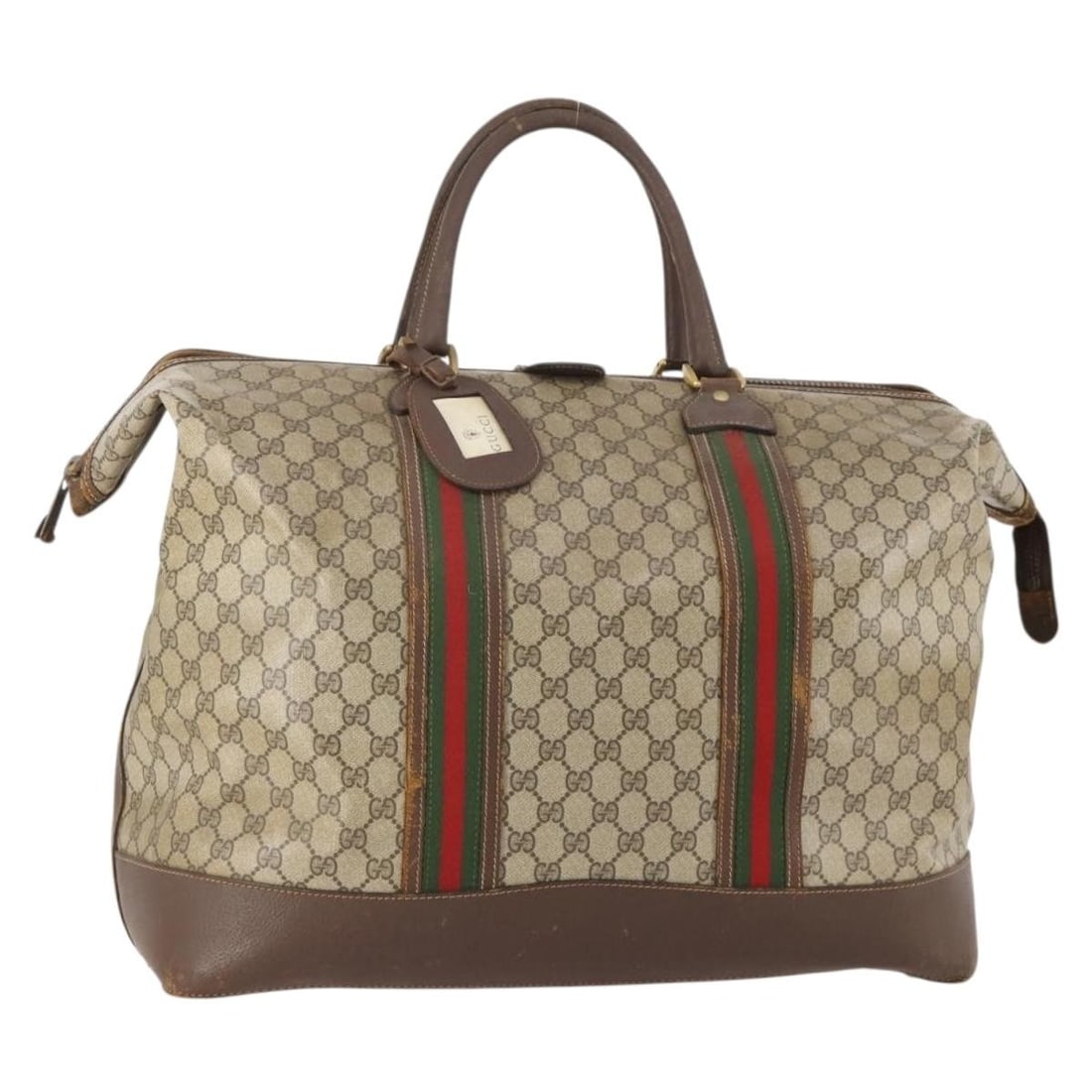 GUCCI Sherry Line GG Supreme PVC Boston Bag Beige Red: GUCCI Sherry Line GG Supreme PVC Boston Bag Beige Red Gucci GG Supreme Web Sherry Line Boston bag in beige and red PVC leather with GG canvas. Made in Italy, this women's bag includes a name tag. Cond