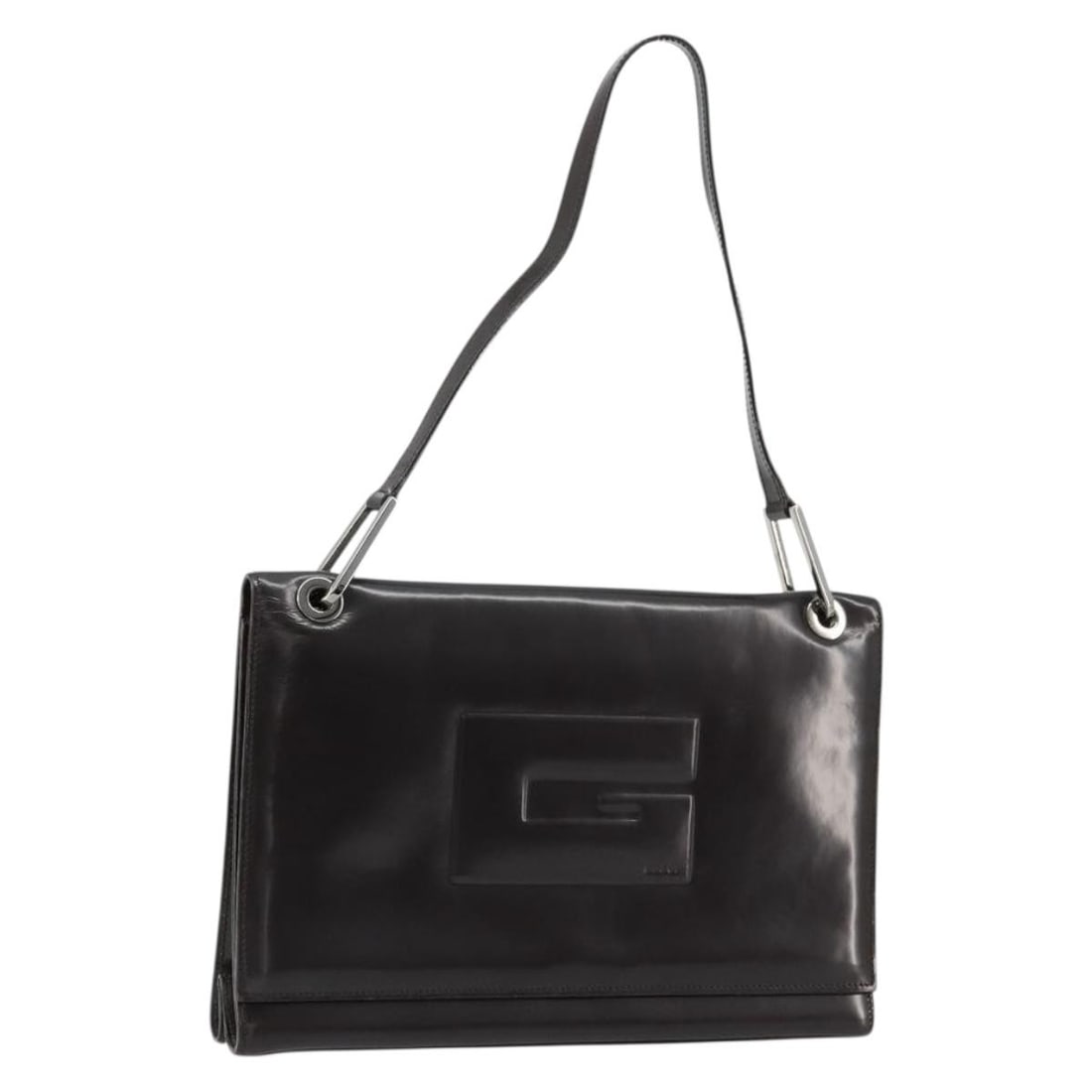Gucci Patent Leather Black Silver Shoulder Bag 001 3033: Gucci Patent Leather Black Silver Shoulder Bag 001 3033 This GUCCI shoulder bag features a sleek black and silver patent leather exterior with a structured silhouette. Made in Italy, it offers a spaci