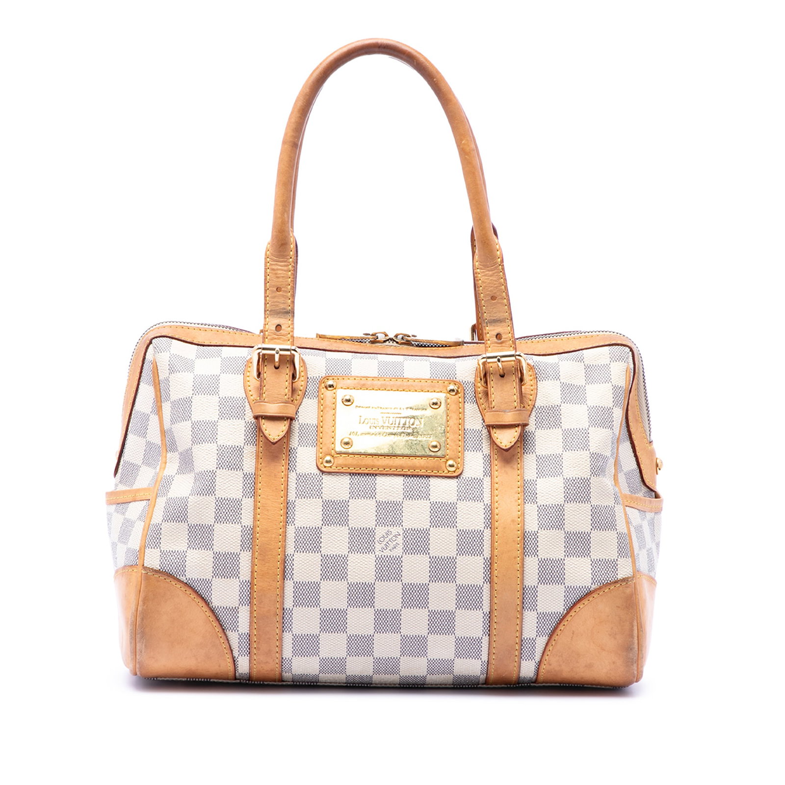 Louis Vuitton Berkeley Damier Azur Handbag with Vachetta Trim: Louis Vuitton Berkeley Damier Azur Handbag with Vachetta Trim Louis Vuitton Damier Azur Berkeley bag crafted with a damier azur canvas body and vachetta leather trim. It features adjustable rolled vac