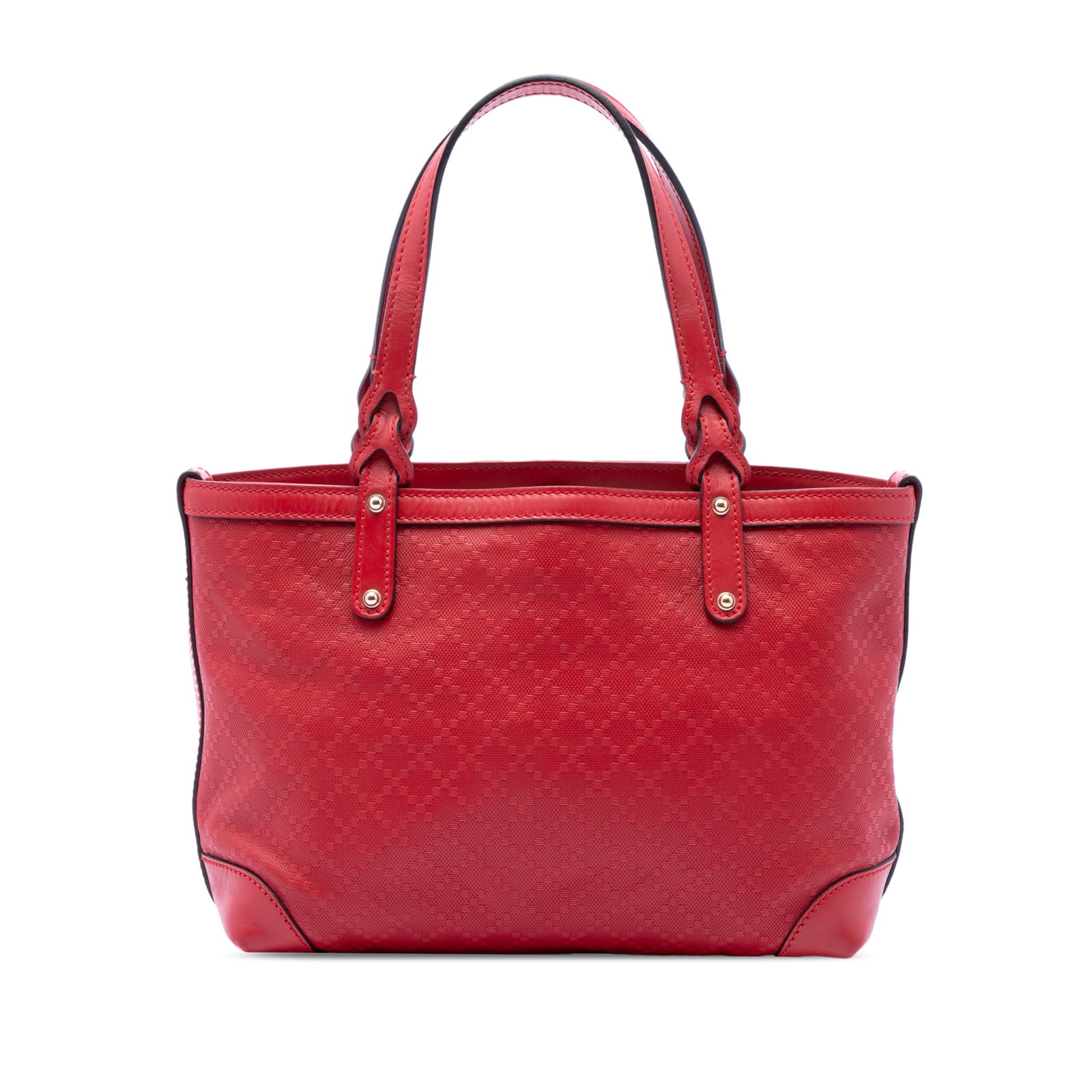 Gucci Red Leather Craft Tote Small Diamante: Gucci Red Leather Craft Tote Small Diamante This Gucci Small Diamante Leather Craft Tote is crafted from red leather and features flat leather handles, an open top with a lobster clasp closure, and in