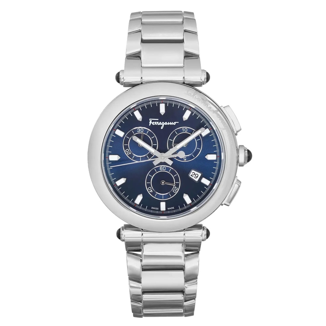 Salvatore Ferragamo Idillio 42mm Quartz Watch Blue Dial Stainless Steel Bracelet: Salvatore Ferragamo Idillio 42mm Quartz Watch Blue Dial Stainless Steel Bracelet Introducing the Salvatore Ferragamo Idillio watch, a sophisticated accessory for the modern man. This casual wristwatch
