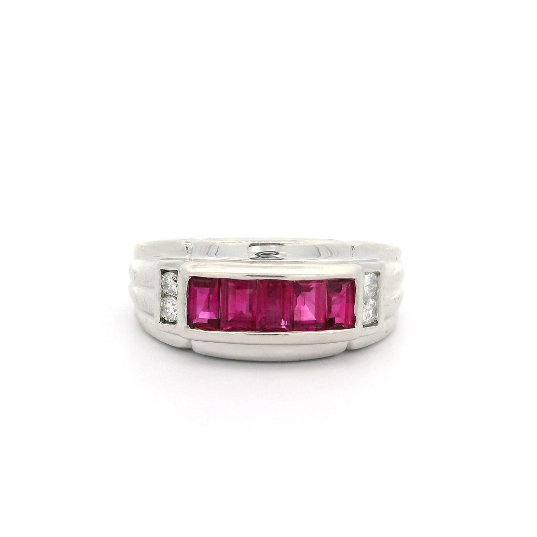 Vintage Platinum 1.09ctw Baguette Ruby & Diamond Wide Band Ring: Vintage Platinum 1.09ctw Baguette Ruby & Diamond Wide Band Ring This exquisite vintage wide band ring features a stunning combination of natural baguette rubies and round brilliant diamonds, elegantly