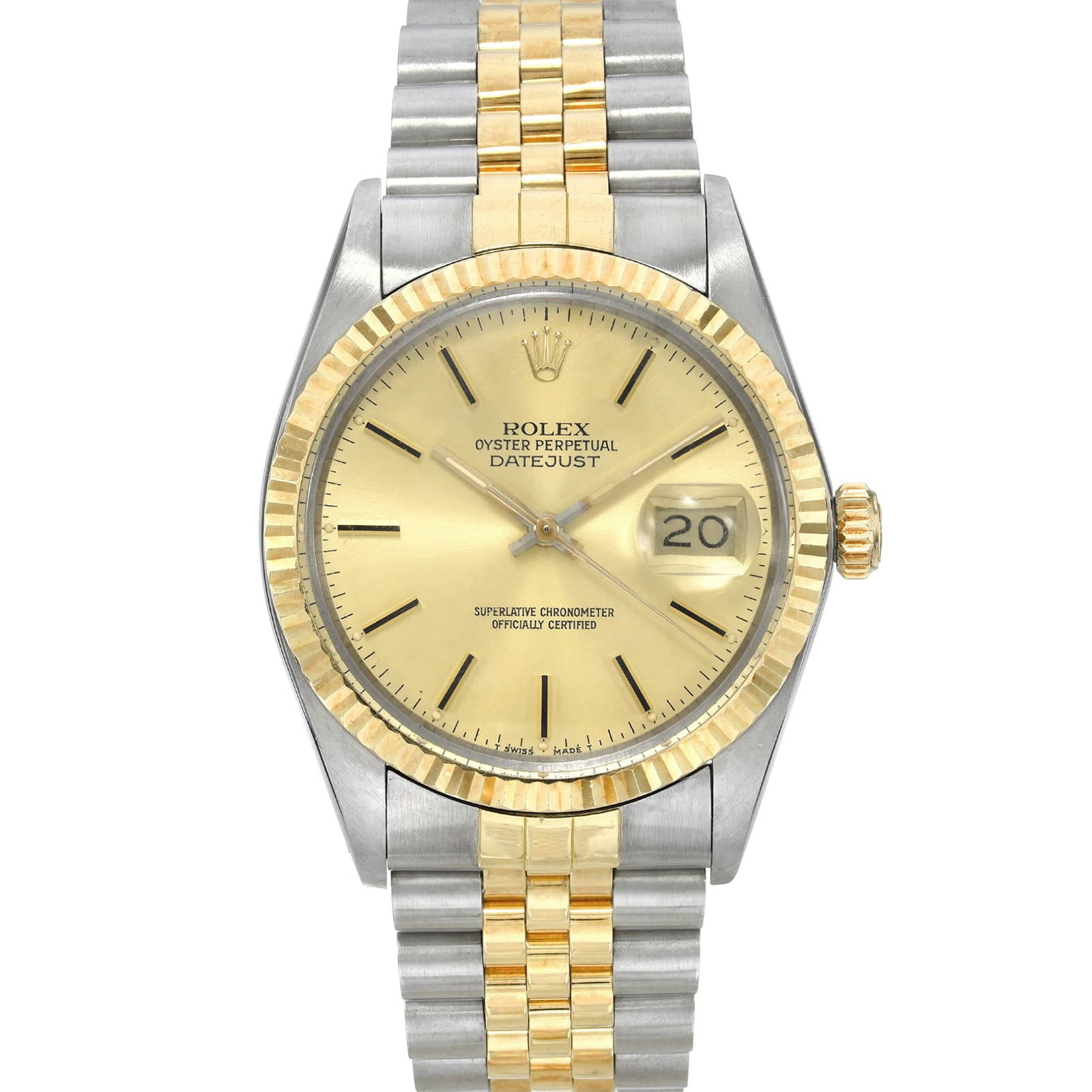 Rolex Datejust Ref 16233 Men's Watch Gold Dial Jubilee Bracelet: Rolex Datejust Ref 16233 Men's Watch Gold Dial Jubilee Bracelet This Rolex Datejust watch features a gold dial, fluted bezel, and Jubilee bracelet. Designed for men, it is identified by reference numb