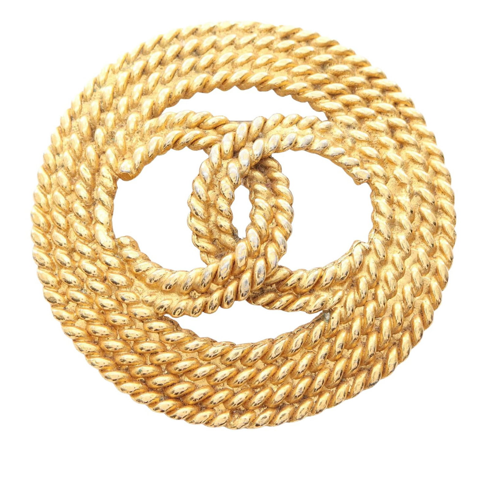 Chanel CC Rope Motif Gold Tone Metal Brooch Pin: Chanel CC Rope Motif Gold Tone Metal Brooch Pin This Chanel brooch features a gold-plated metal body with a rope design and CC logo. It is equipped with a pin back closure. The brooch shows signs of w