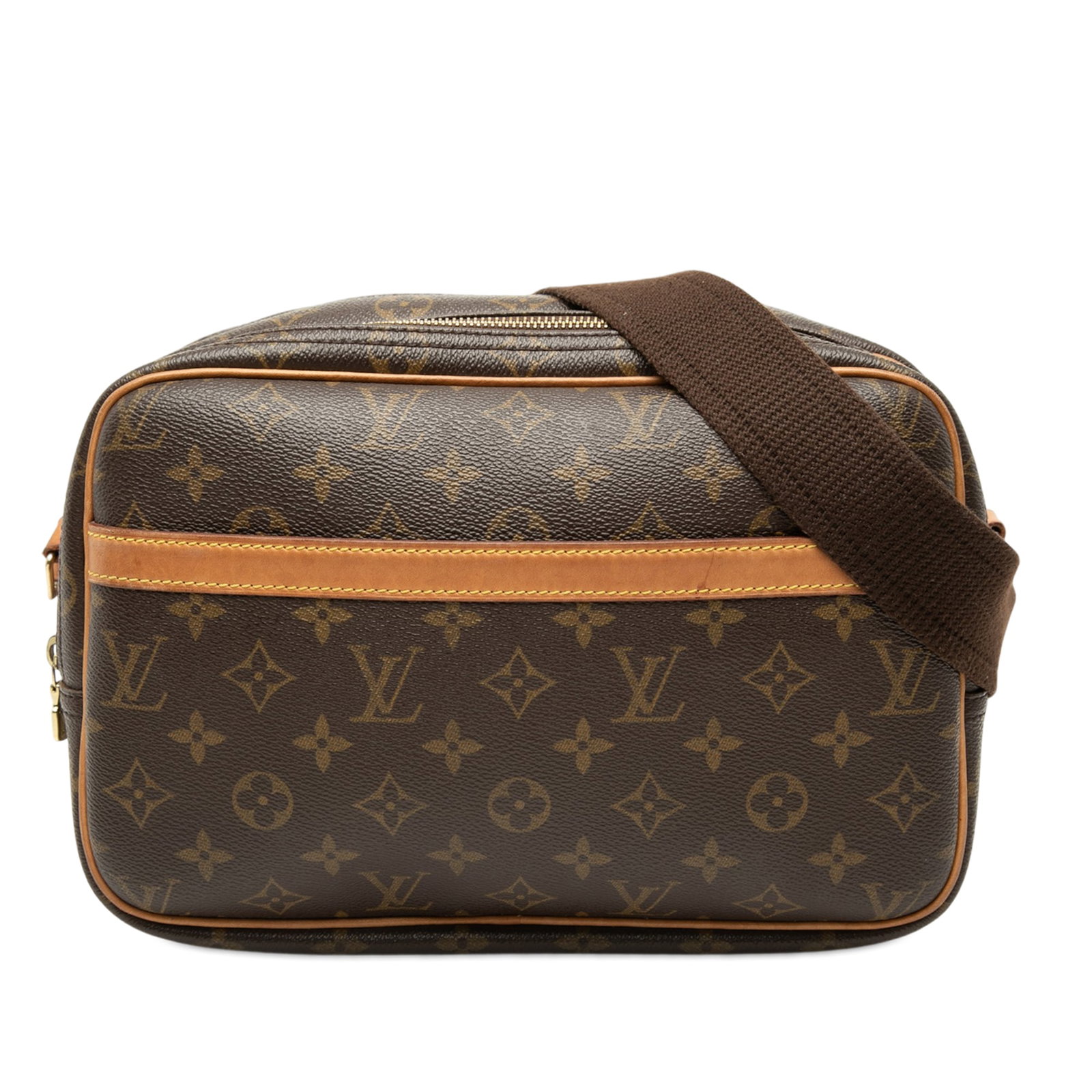 Louis Vuitton Reporter PM Monogram Canvas Crossbody Bag: Louis Vuitton Reporter PM Monogram Canvas Crossbody Bag Louis Vuitton Reporter PM bag in brown monogram canvas with vachetta leather trim. It features an adjustable flat strap, double compartments wit