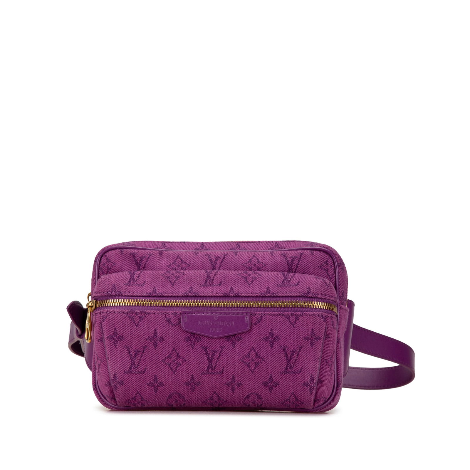 Louis Vuitton Purple Monogram Denim Outdoor Bumbag with Leather Strap: Louis Vuitton Purple Monogram Denim Outdoor Bumbag with Leather Strap The Louis Vuitton Monogram Denim Outdoor Bumbag is a stylish belt bag crafted from denim, featuring a vibrant purple color. It is 