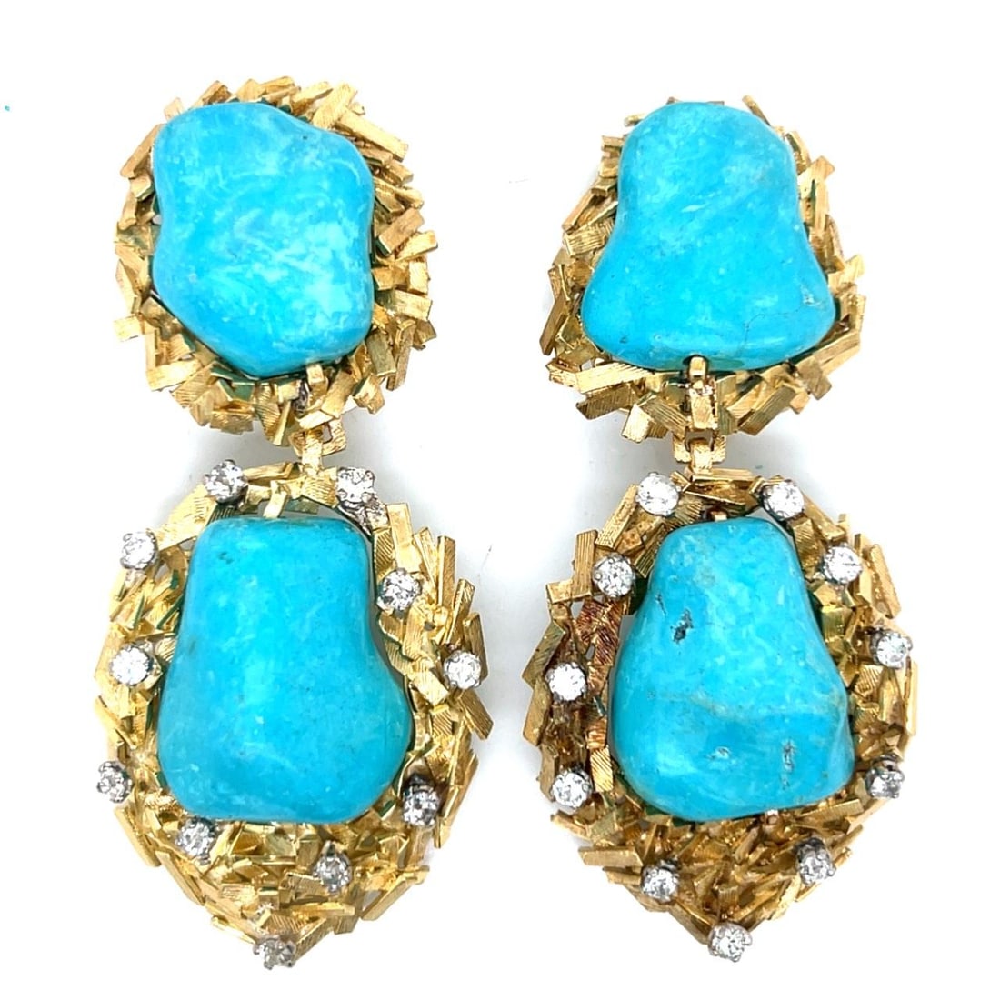 14K Yellow Gold Earrings With Turquoise and Diamonds From 1960s: 14K Yellow Gold Earrings With Turquoise and Diamonds From 1960s Pair of 1960s earrings crafted in 14K yellow gold, featuring turquoise stones and set with 22 diamonds totaling approximately 1.10 carat