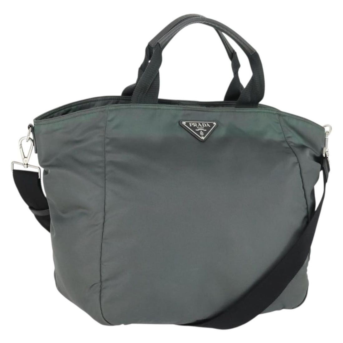 PRADA 2way Nylon Tote Bag Gray Silver Shoulder Strap: PRADA 2way Nylon Tote Bag Gray Silver Shoulder Strap PRADA tote bag in gray/silver nylon, made in Italy. This 2-way style comes with a shoulder strap and is designed for women. The bag shows reasonabl