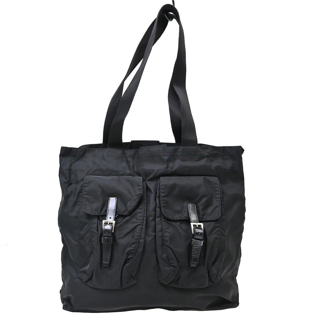 Prada Nylon Medium Tote Handbag in Black with Logo Accent: Prada Nylon Medium Tote Handbag in Black with Logo Accent Medium Prada tote bag in black nylon with leather trim and logo accents. This women's casual bag features exterior and interior pockets for or