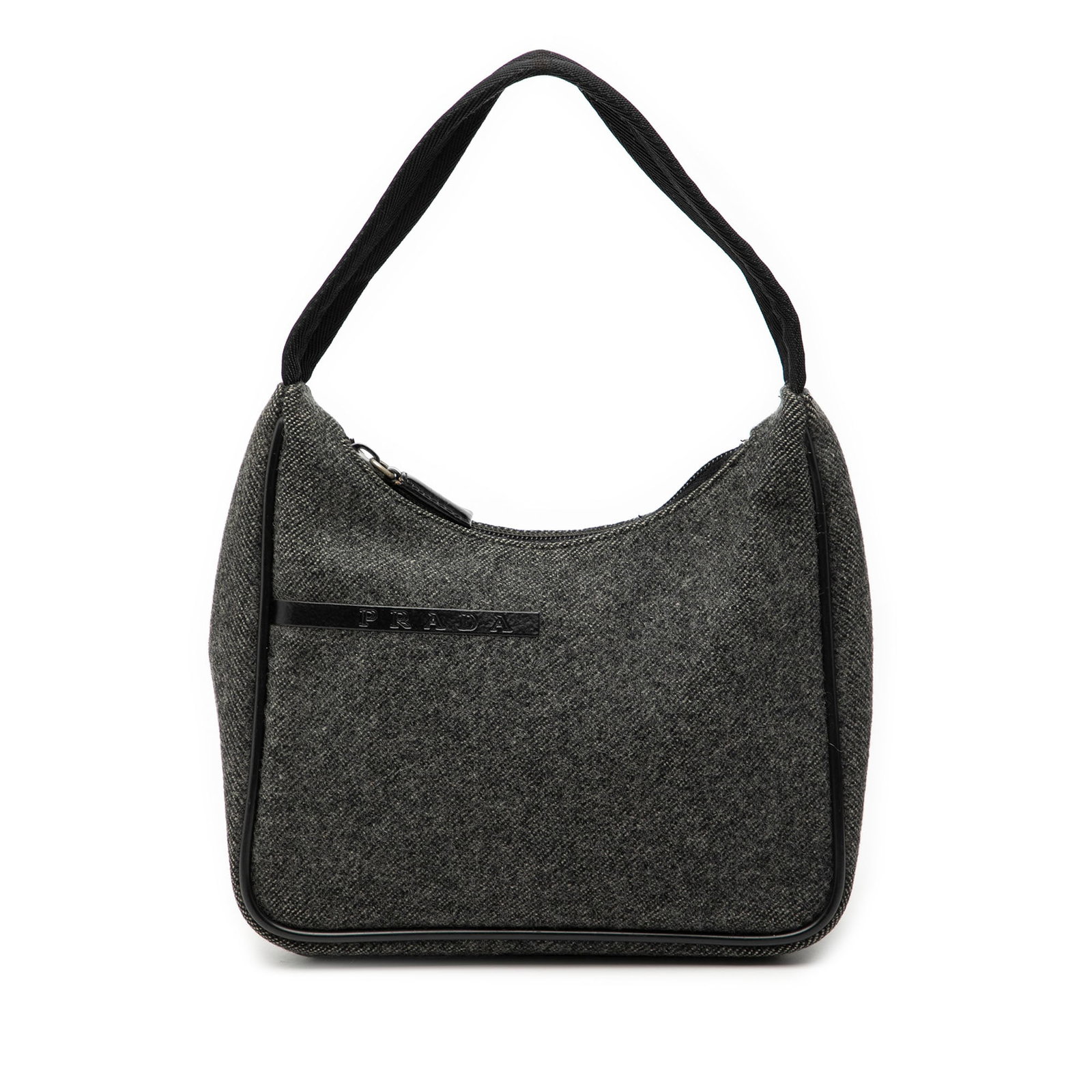 Prada Sports Line Gray Wool Shoulder Bag with Zip Closure: Prada Sports Line Gray Wool Shoulder Bag with Zip Closure This Prada Sports Line shoulder bag features a wool body with a flat strap and a top zip closure. The bag is gray in color, made in Italy, and