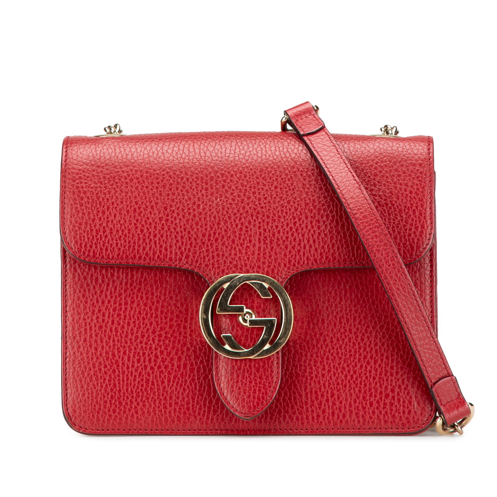 Gucci Small Dollar Calfskin Red Crossbody with Interlocking G Closure: Gucci Small Dollar Calfskin Red Crossbody with Interlocking G Closure The Gucci Small Dollar Calfskin Interlocking G Crossbody is a stylish and practical accessory crafted from premium leather. This c