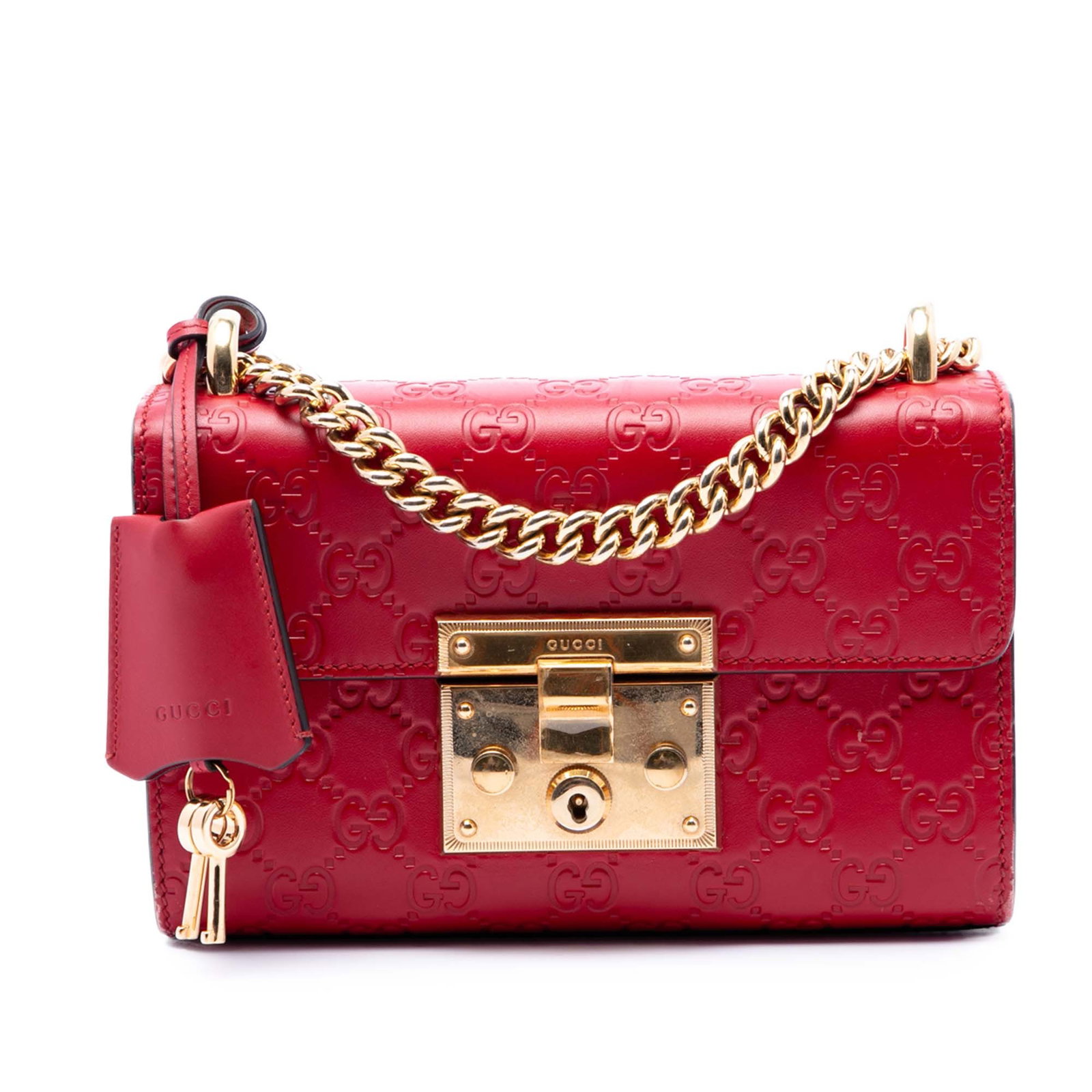Gucci Padlock Small Guccissima Leather Crossbody Bag Red: Gucci Padlock Small Guccissima Leather Crossbody Bag Red Small Guccissima Padlock crossbody bag in red embossed leather with a chain link shoulder strap, front flap with push-lock closure, exterior ba