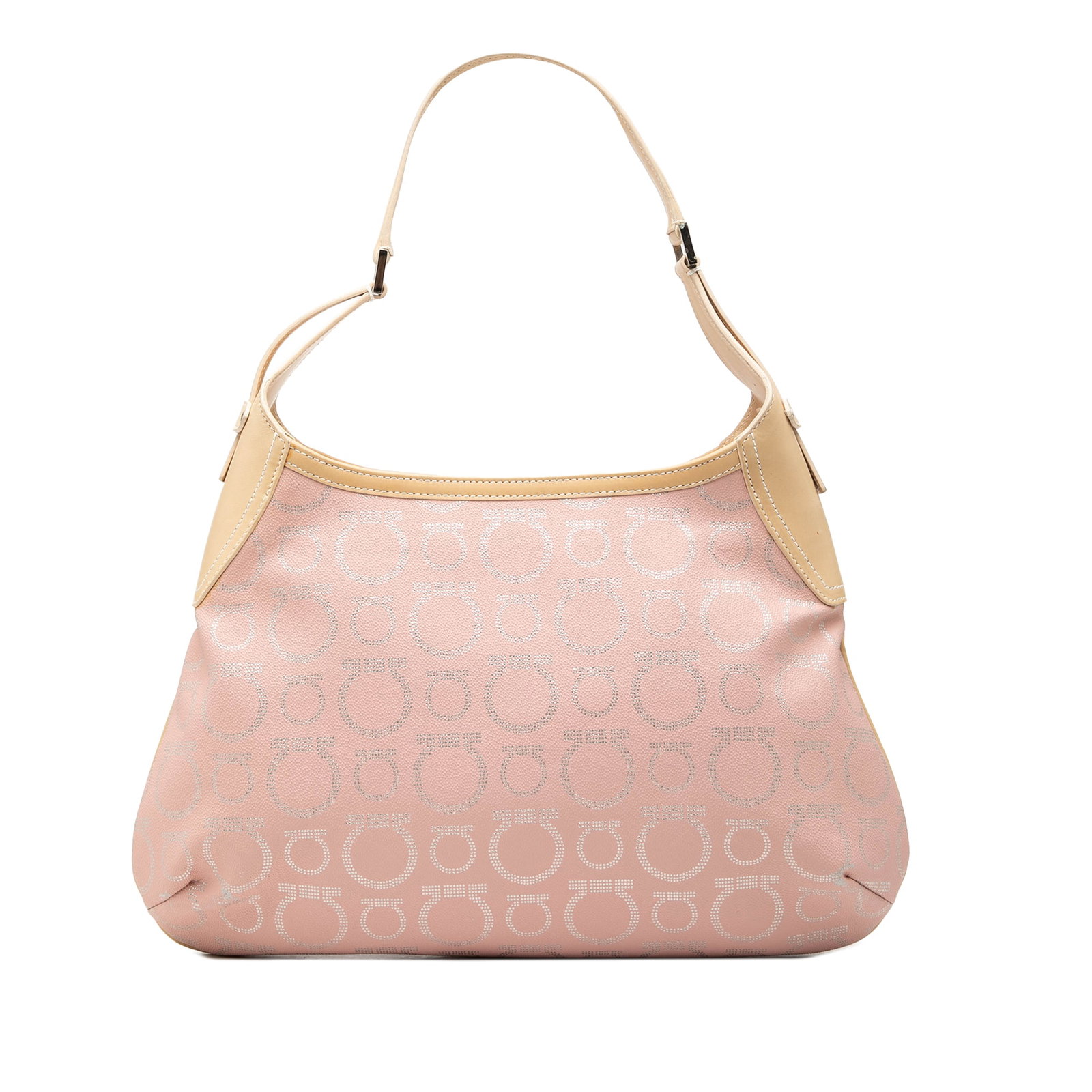 Ferragamo Gancini Pink Coated Canvas Hobo Bag: Ferragamo Gancini Pink Coated Canvas Hobo Bag Ferragamo Gancini coated canvas hobo bag in pink with leather trim, a flat leather handle, top zip closure, and an interior zip pocket. Made in Italy. Con
