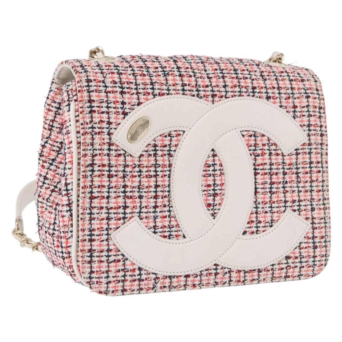 CHANEL Matelasse Tweed Shoulder Bag Red Cotton CC Chain: CHANEL Matelasse Tweed Shoulder Bag Red Cotton CC Chain CHANEL Matelasse chain shoulder bag in red and gold cotton, made in Italy. This women's shoulder bag features a compact silhouette with a should