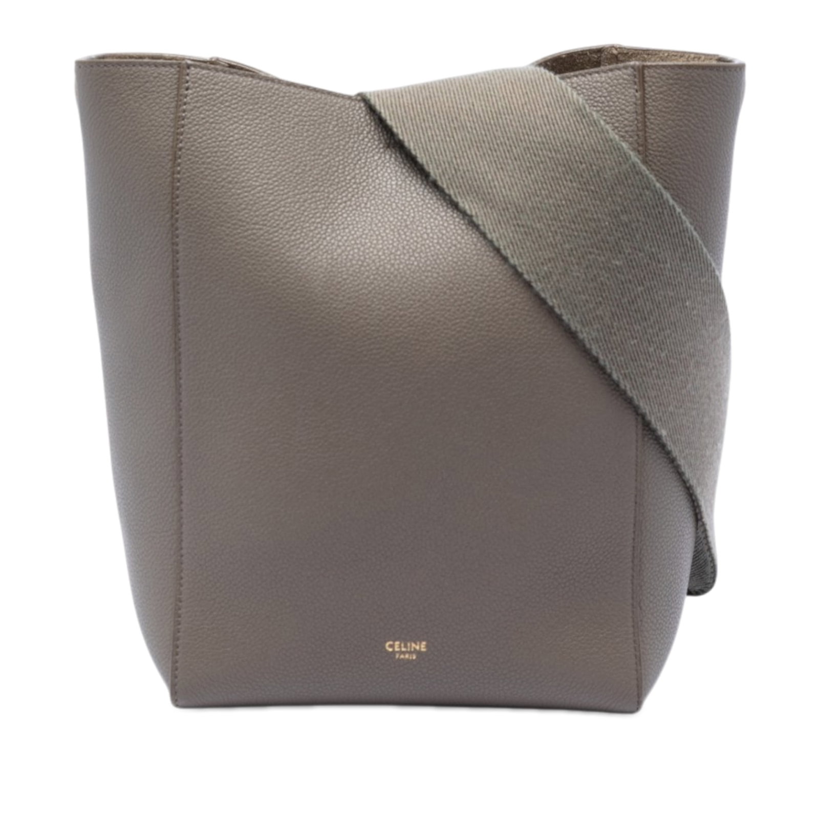Celine Seau Sangle Brown Leather Bucket Bag: Celine Seau Sangle Brown Leather Bucket Bag This Celine Small Soft Grained Calfskin Seau Sangle Bucket Bag features a brown leather body with a flat canvas strap, an open top secured with a hook closu