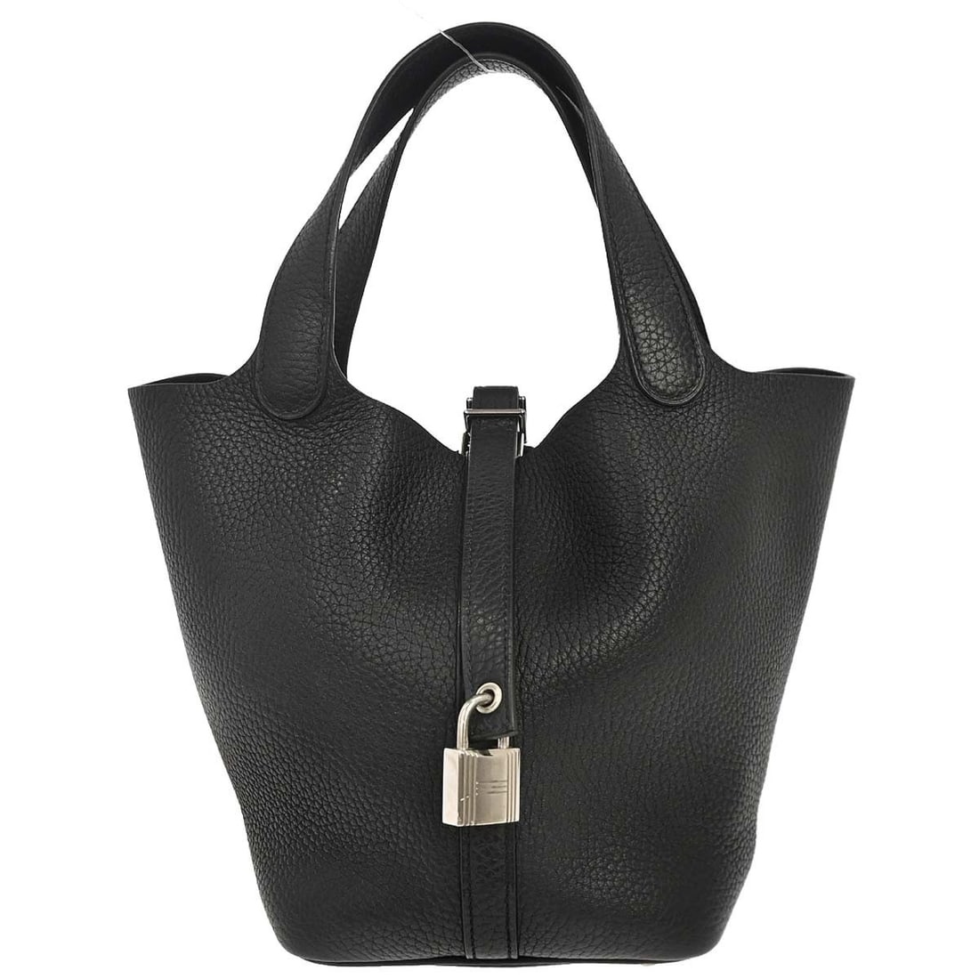 Hermes Picotin Lock 18 PM Black Taurillon Clemence Handbag: Hermes Picotin Lock 18 PM Black Taurillon Clemence Handbag Hermes Picotin Lock 18 PM handbag in black Taurillon Clemence leather with a buckle closure and double handles. It features a leather lining,