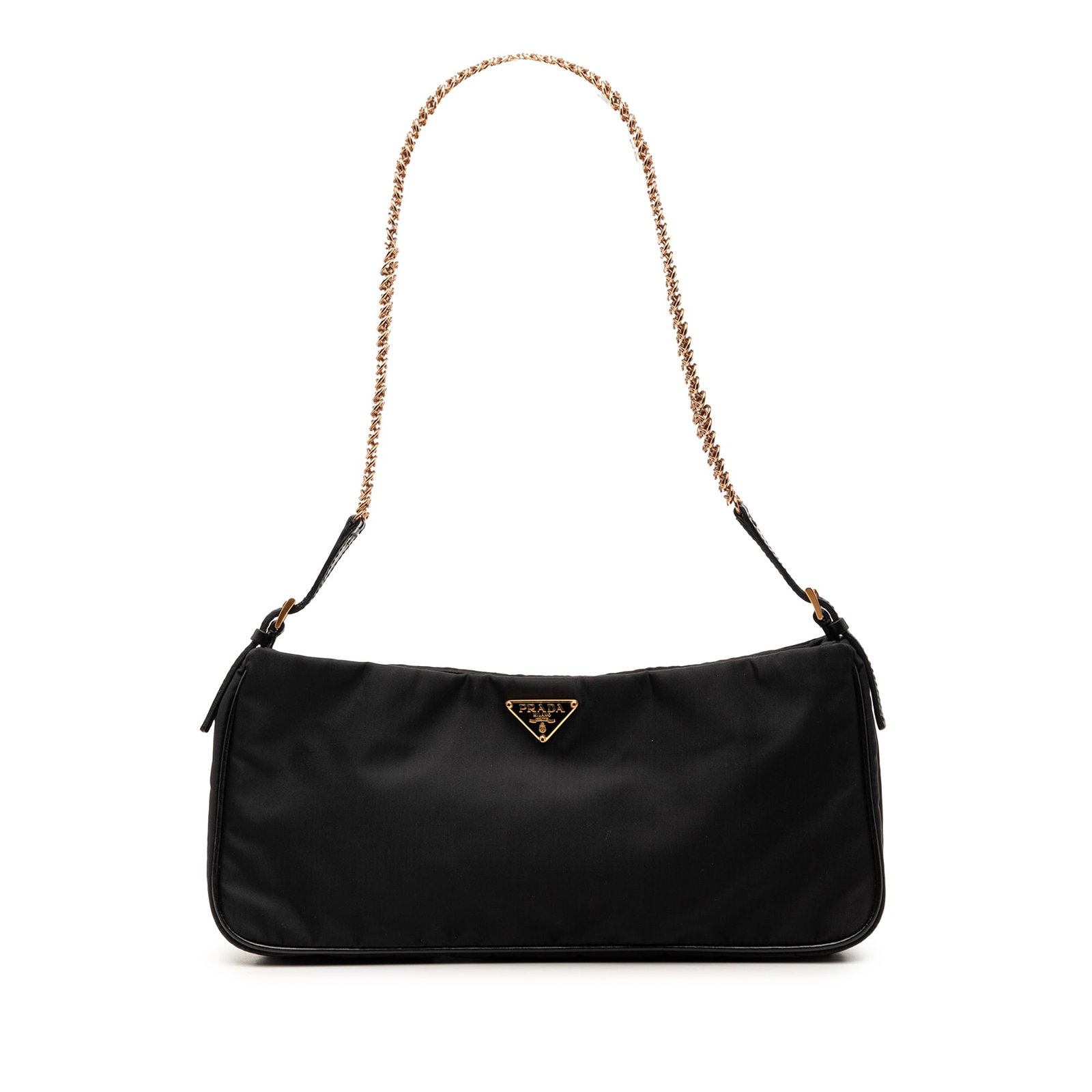 Prada Tessuto black nylon chain strap shoulder bag: Prada Tessuto black nylon chain strap shoulder bag This Prada Tessuto Chain Shoulder Bag features a black nylon body with a chain link strap, an open top with snap closure, and an interior slip pocket