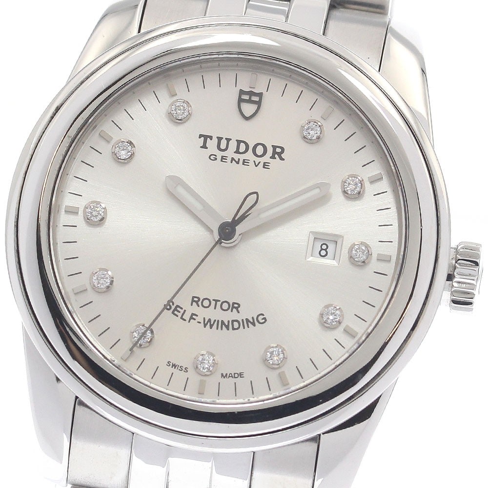 TUDOR Glamour Ref 53000 Automatic Date 11 Diamond Watch: TUDOR Glamour Ref 53000 Automatic Date 11 Diamond Watch TUDOR Glamour 11-Diamond Date automatic wristwatch, reference 53000, in pre-owned condition. It features a stainless steel case and band, a silv