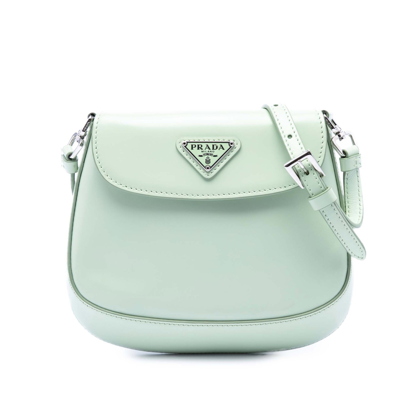 Prada Cleo Mini Brushed Leather Crossbody Bag Green: Prada Cleo Mini Brushed Leather Crossbody Bag Green Prada Mini Brushed Leather Cleo Bag in green leather with an adjustable flat leather strap and strap extender. The bag features a front flap with ma