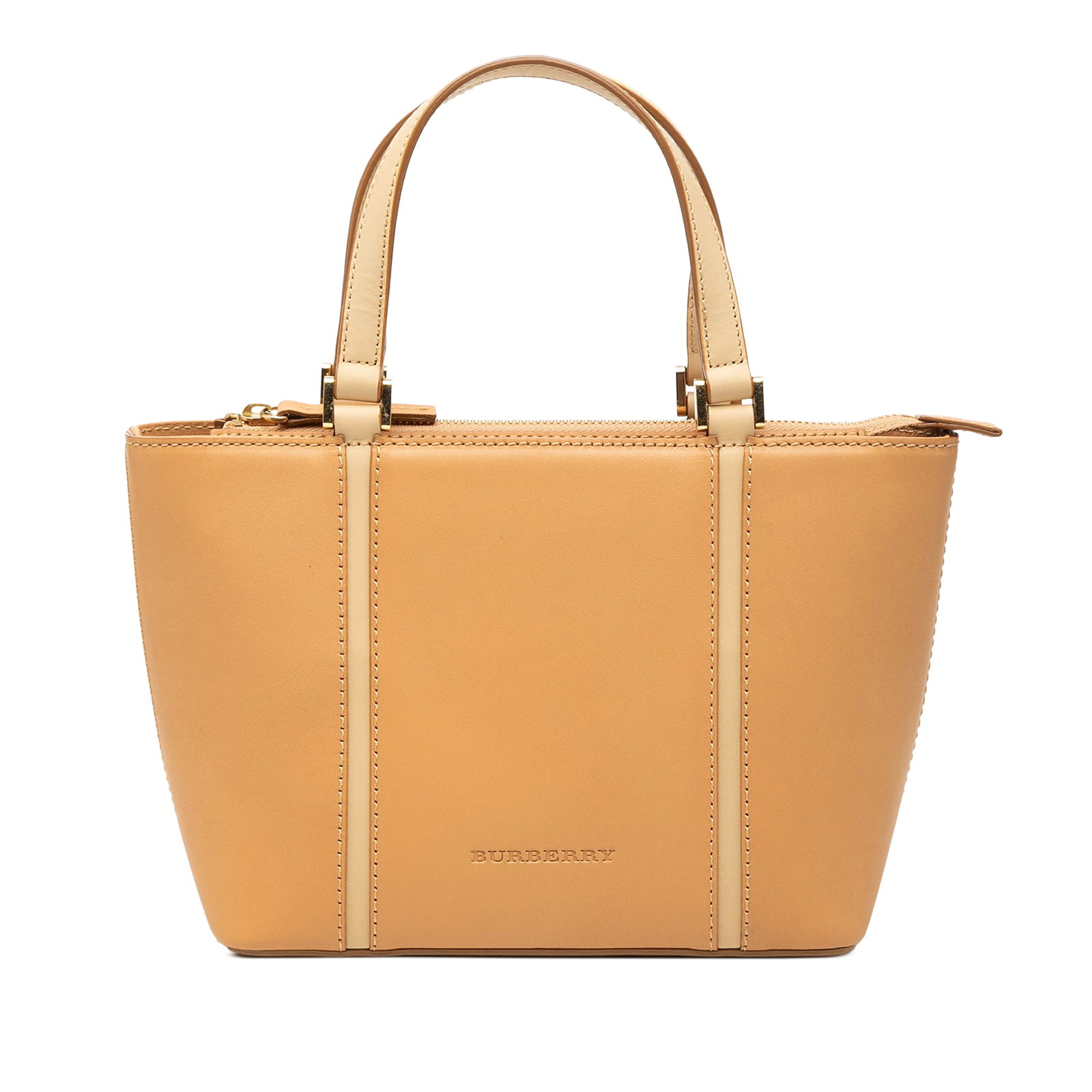 Brown Leather Tote Bag by Burberry with Zip Closure: Brown Leather Tote Bag by Burberry with Zip Closure This Burberry tote bag showcases a brown leather exterior with flat leather handles and a top zip closure. The interior is designed with both zip an