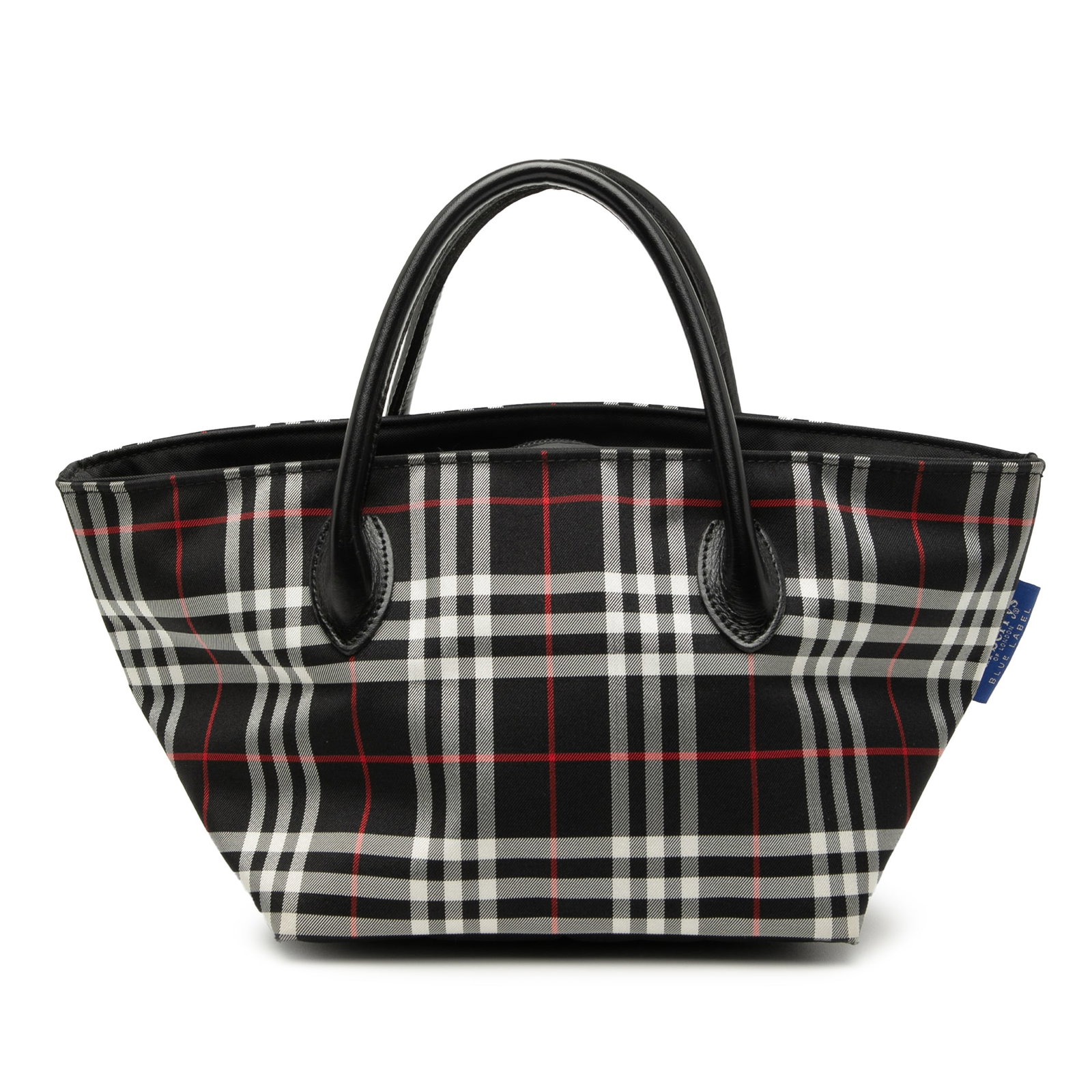 Burberry Handbag in House Check Nylon with Leather Handles: Burberry Handbag in House Check Nylon with Leather Handles This Burberry handbag features the signature house check canvas body with rolled leather handles and a top zip closure. The bag is crafted in