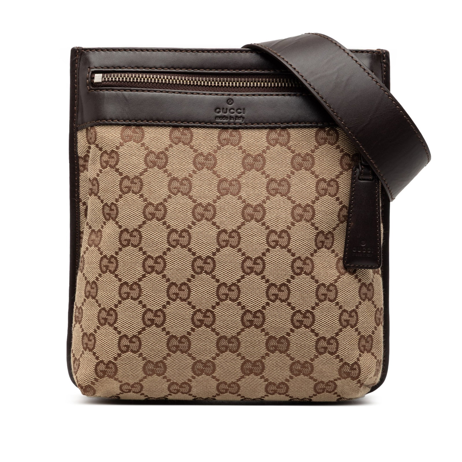 Gucci GG Canvas Beige Crossbody Bag with Leather Trim: Gucci GG Canvas Beige Crossbody Bag with Leather Trim This Gucci GG Canvas Crossbody bag features a beige canvas body with leather trim, a flat leather strap, a top zip closure, an exterior front slip