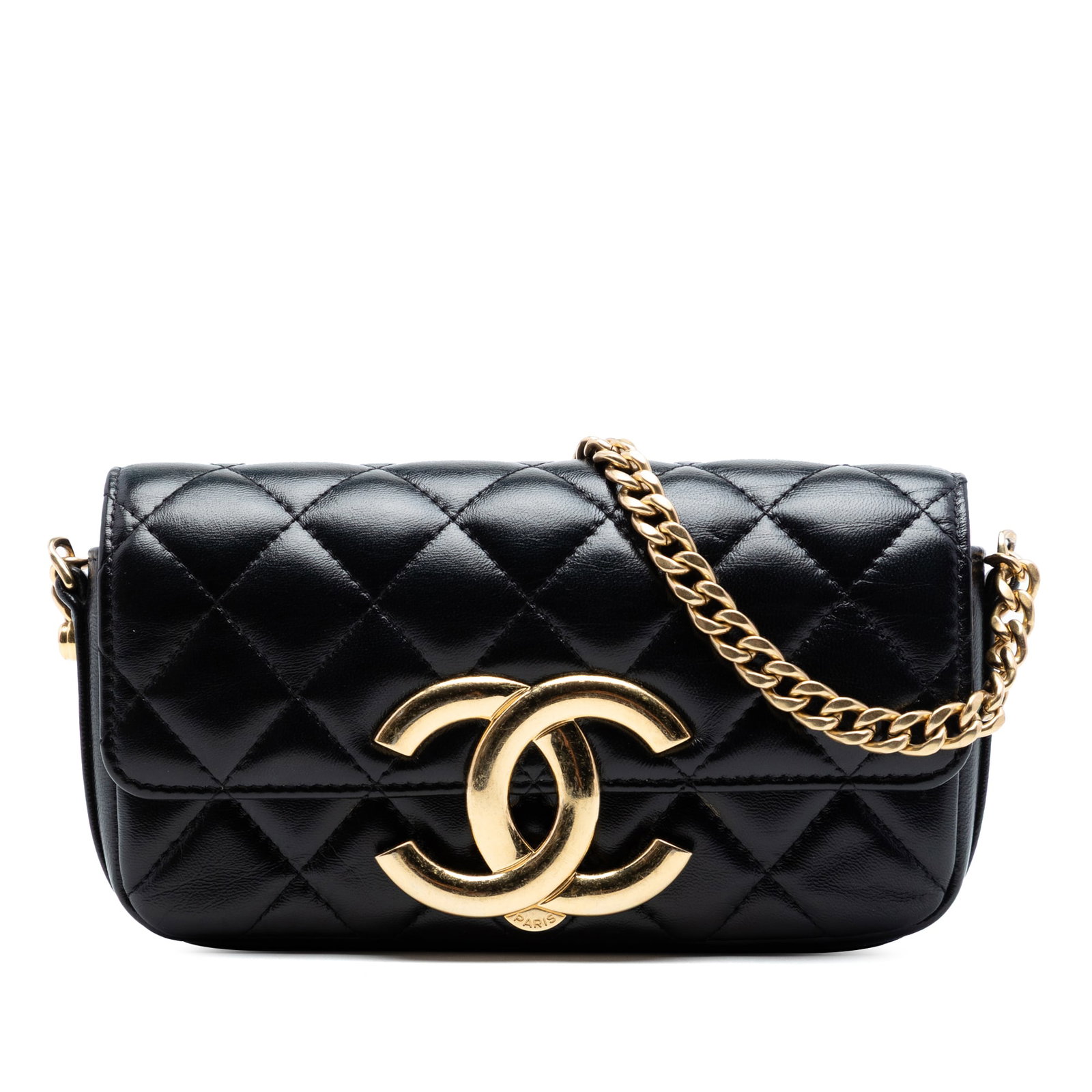 Chanel black quilted lambskin chain crossbody phone holder: Chanel black quilted lambskin chain crossbody phone holder This Chanel Quilted Lambskin Giant CC Flap Phone Holder with Chain is crafted from black quilted lambskin leather and features a chain link s