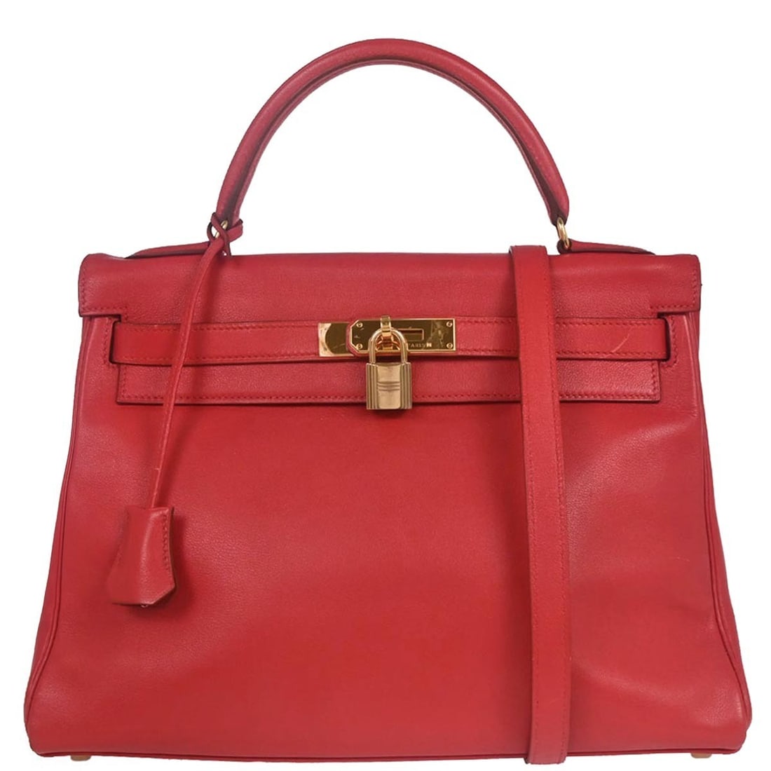 Hermes Kelly 32 Retourne Gulliver Leather Satchel Rouge Vif 2way: Hermes Kelly 32 Retourne Gulliver Leather Satchel Rouge Vif 2way Hermes Kelly 32 Retourne 2way shoulder handbag in Rouge Vif Gulliver leather, made in France. This medium satchel/top handle bag featur