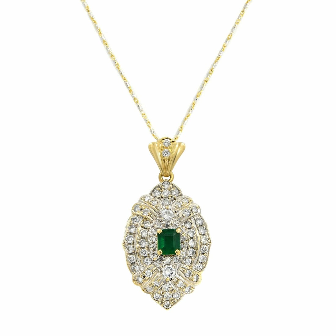 Rachel Koen Two-Tone Diamond Emerald Pendant Necklace 14K 18K Gold: Rachel Koen Two-Tone Diamond Emerald Pendant Necklace 14K 18K Gold This exquisite pendant necklace by Rachel Koen features a stunning two-tone design crafted from 14K and 18K gold. At its center lies 