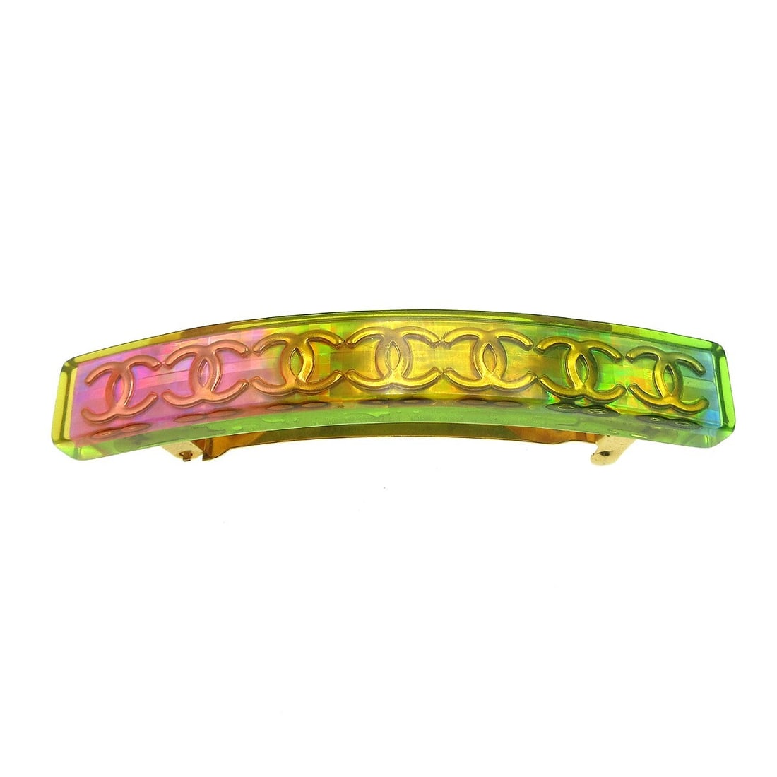 CHANEL CC Logo Plastic Barrette Multicolor Hair Clip 97P 61: CHANEL CC Logo Plastic Barrette Multicolor Hair Clip 97P 61 Chanel hair clip barrette in multicolor plastic with yellow, blue, green, pink, and gold tones. This France-made piece features the CC logo 