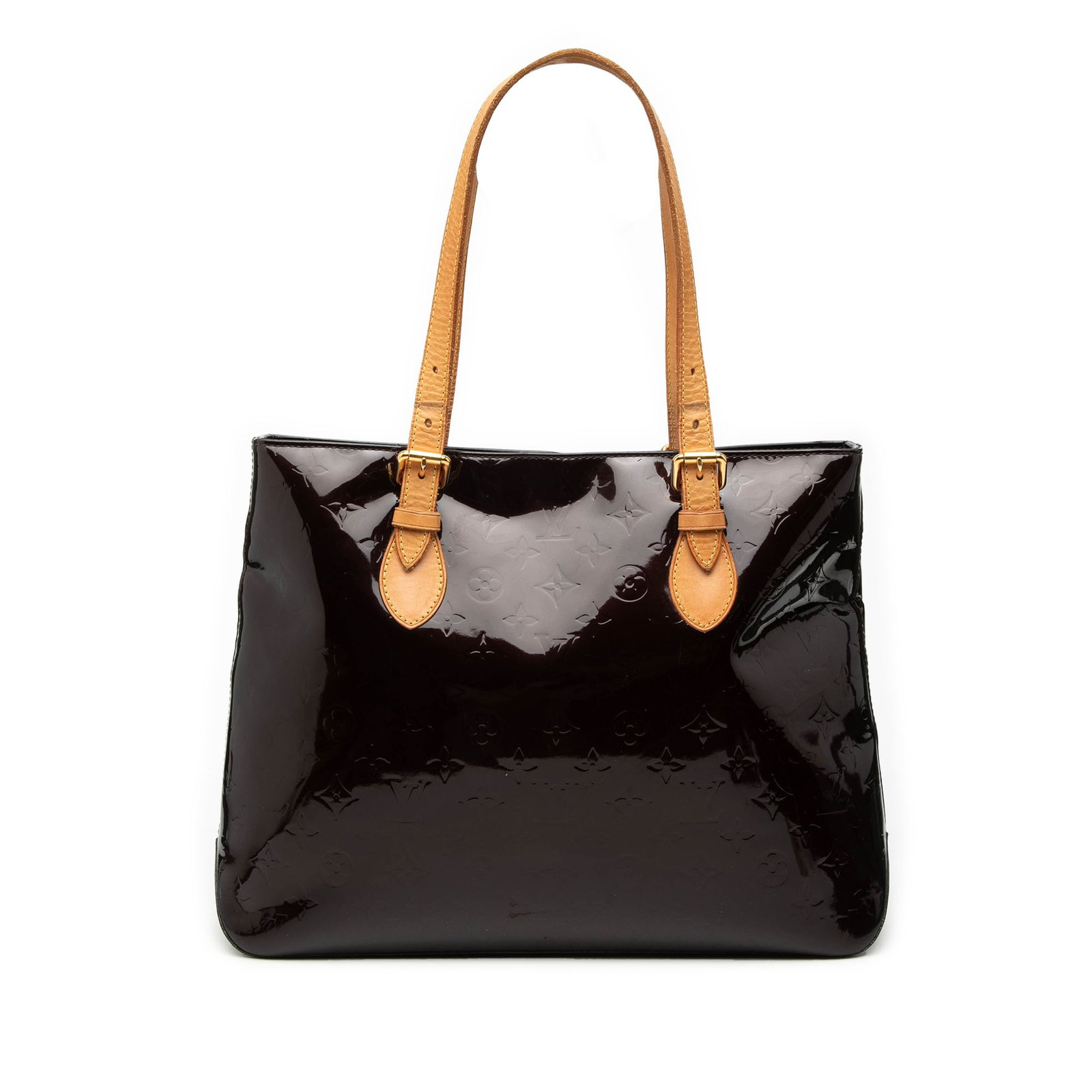 Louis Vuitton Brentwood Purple Vernis Leather Tote with Vachetta Straps: Louis Vuitton Brentwood Purple Vernis Leather Tote with Vachetta Straps This Louis Vuitton Monogram Vernis Brentwood features a purple vernis leather body with flat vachetta leather straps, a top zip 