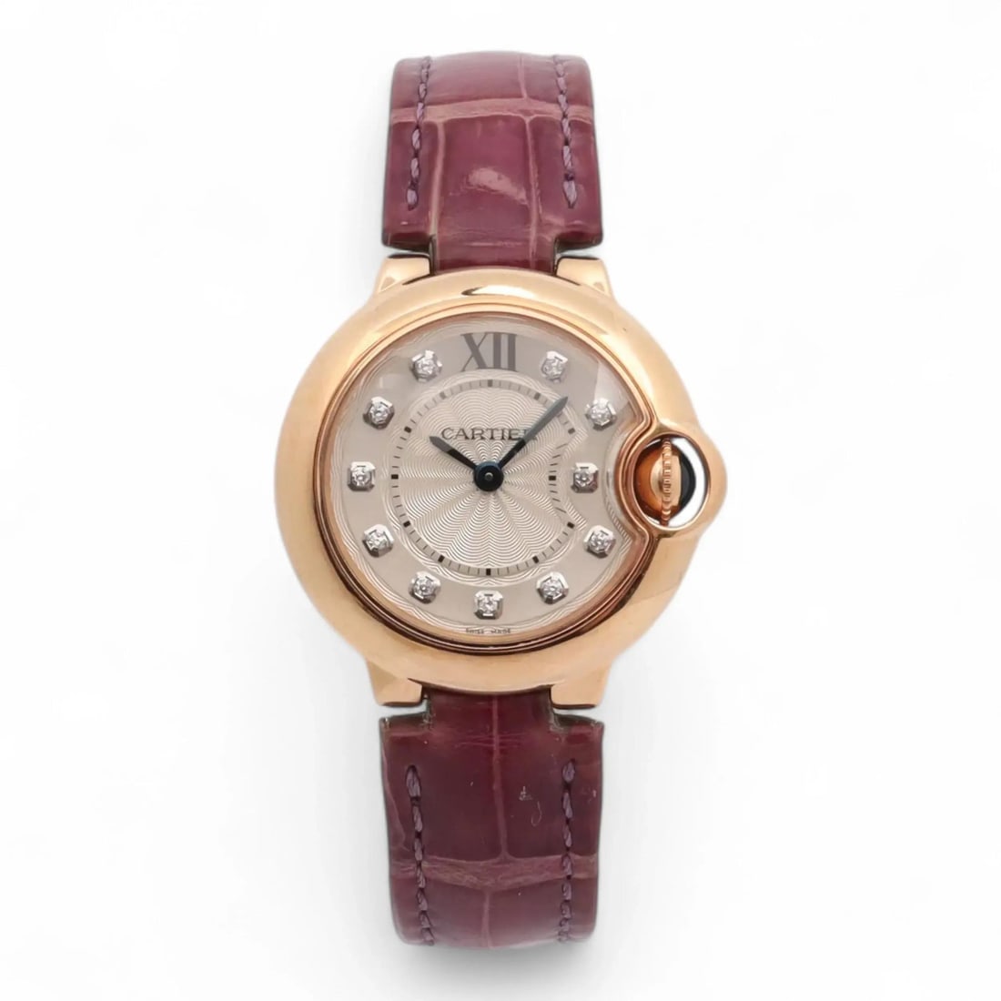 Ladies Ballon Bleu Quartz Wristwatch in Rose Gold with Diamond Dial by Cartier: Ladies Ballon Bleu Quartz Wristwatch in Rose Gold with Diamond Dial by Cartier This Cartier Ballon Bleu ladies wristwatch features an 18K rose gold case with a polished finish and a silver guilloche-p