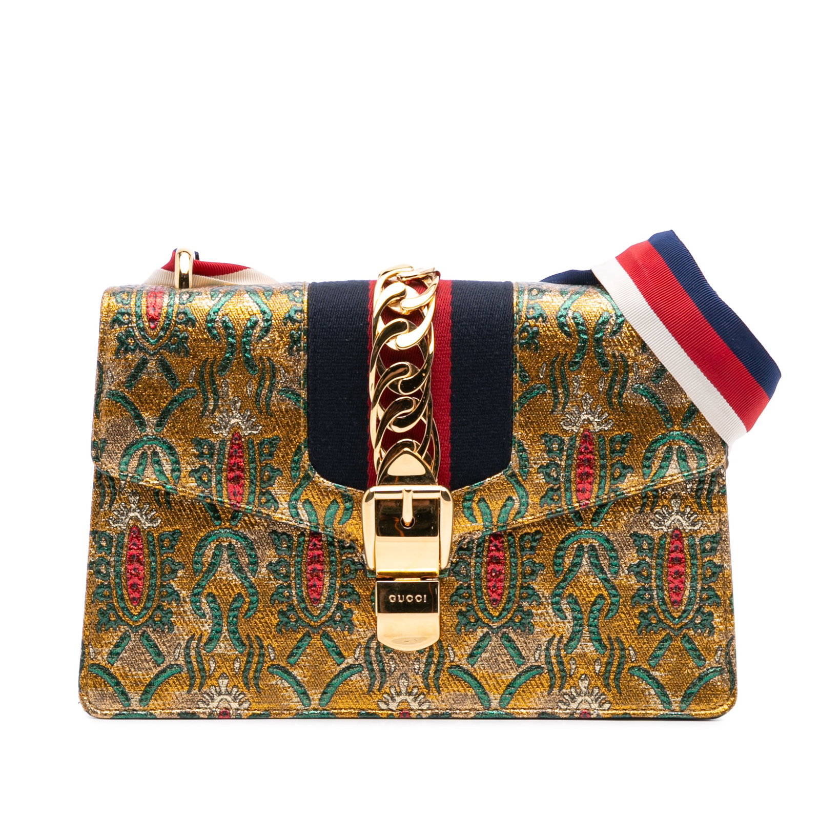 Gucci Small Canvas Brocade Sylvie Satchel Gold Fabric Italy: Gucci Small Canvas Brocade Sylvie Satchel Gold Fabric Italy The Gucci Small Canvas Brocade Sylvie Satchel combines elegance with functionality. This stylish bag features a durable canvas body adorned 