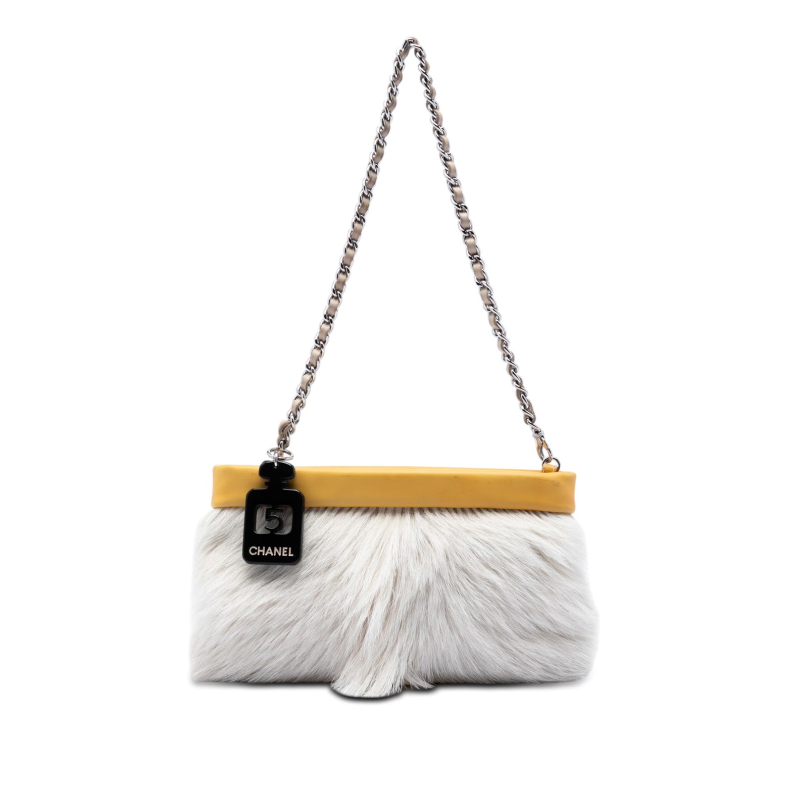 Chanel No.5 Perfume Bottle Charm Pochette in Rabbit Fur: Chanel No.5 Perfume Bottle Charm Pochette in Rabbit Fur A Chanel pochette shoulder bag with a fur body, leather trim, and a leather woven chain link strap. It has a top zip closure and comes in white.