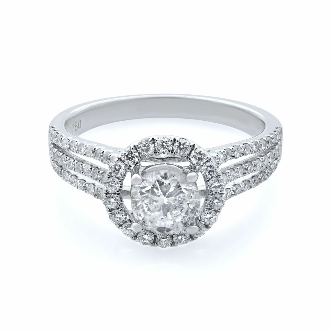 Rachel Koen 18K White Gold Halo Diamond Engagement Ring 1.15cts: Rachel Koen 18K White Gold Halo Diamond Engagement Ring 1.15cts This stunning Rachel Koen engagement ring features a captivating round diamond centerpiece surrounded by a halo of brilliant white diamo