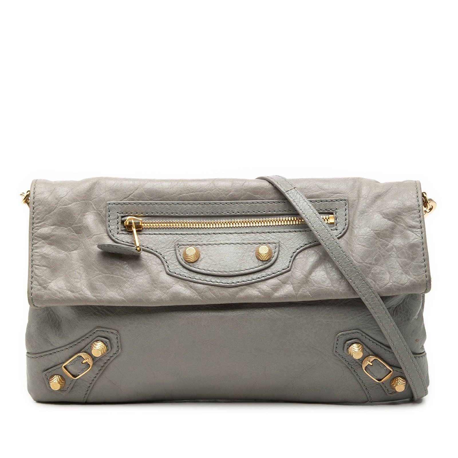 Balenciaga Envelope Lambskin Crossbody Clutch with Strap: Balenciaga Envelope Lambskin Crossbody Clutch with Strap This Balenciaga Lambskin Motocross Giant 12 Envelope Clutch features a gray lambskin leather body, a flat leather strap for crossbody wear, a t