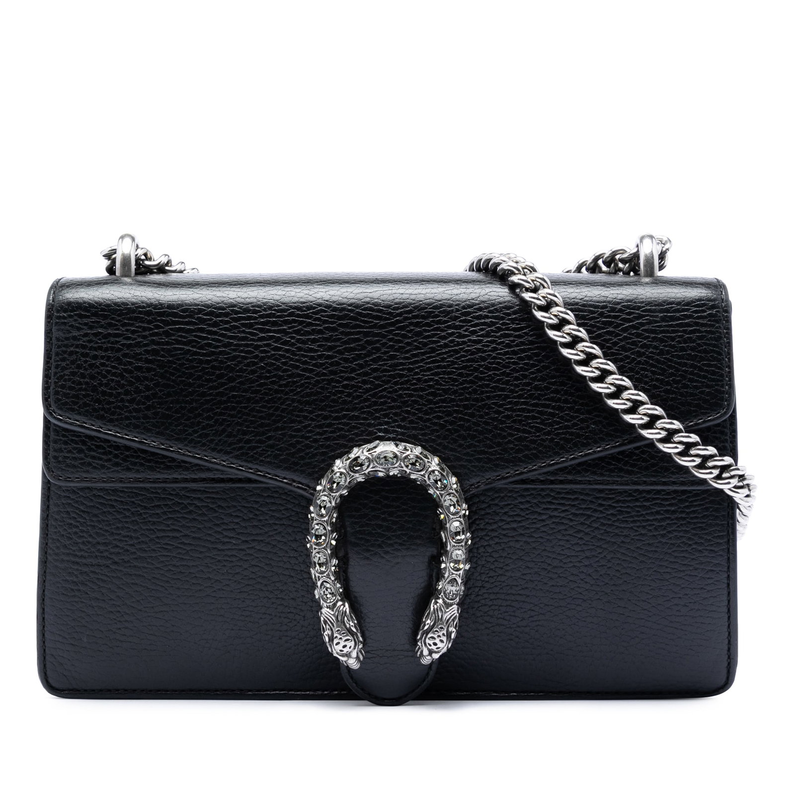 Gucci Dionysus black leather chain shoulder bag: Gucci Dionysus black leather chain shoulder bag This Gucci Medium Calfskin Dionysus Shoulder Bag features a black leather body with a chain shoulder strap and a front flap secured by a magnetic snap c