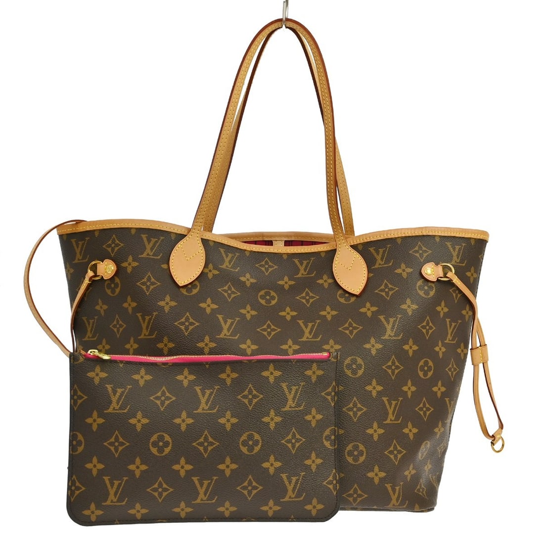 Louis Vuitton Neverfull MM Monogram Canvas Tote with Pouch M41178: Louis Vuitton Neverfull MM Monogram Canvas Tote with Pouch M41178 Vintage Louis Vuitton Neverfull MM shoulder tote bag in brown Monogram canvas with leather double handles and a pink canvas lining.