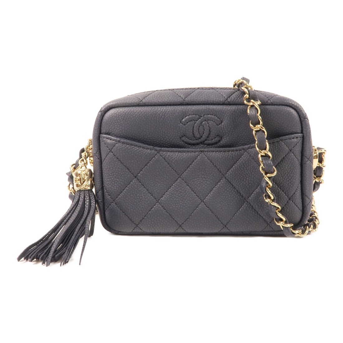 Chanel CC Shoulder Bag in Navy Calfskin with Gold Tone Chain: Chanel CC Shoulder Bag in Navy Calfskin with Gold Tone Chain A CHANEL women's shoulder bag in navy calfskin leather with CC GHW chain detailing. It is described as a regular-size bag made in France,