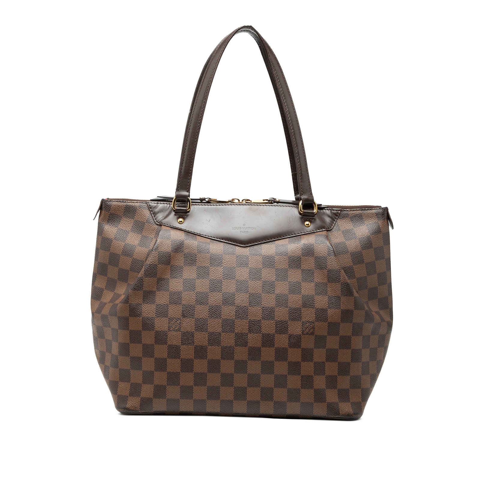 Louis Vuitton Westminster GM Damier Ebene tote bag: Louis Vuitton Westminster GM Damier Ebene tote bag This Louis Vuitton Damier Ebene Westminster GM features the iconic Damier Ebene canvas with leather trim, flat leather straps, and a top zip