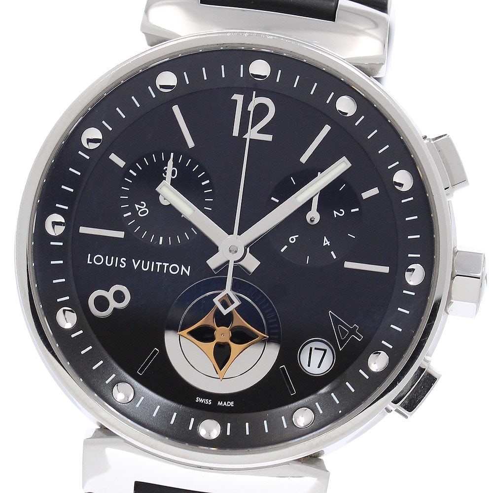 Louis Vuitton Tambour Moonstar GM mens quartz chronograph wristwatch Q8D11: Louis Vuitton Tambour Moonstar GM mens quartz chronograph wristwatch Q8D11 Louis Vuitton Tambour Moonstar GM men's wristwatch, reference Q8D11, with a black dial and quartz movement. This pre-owned