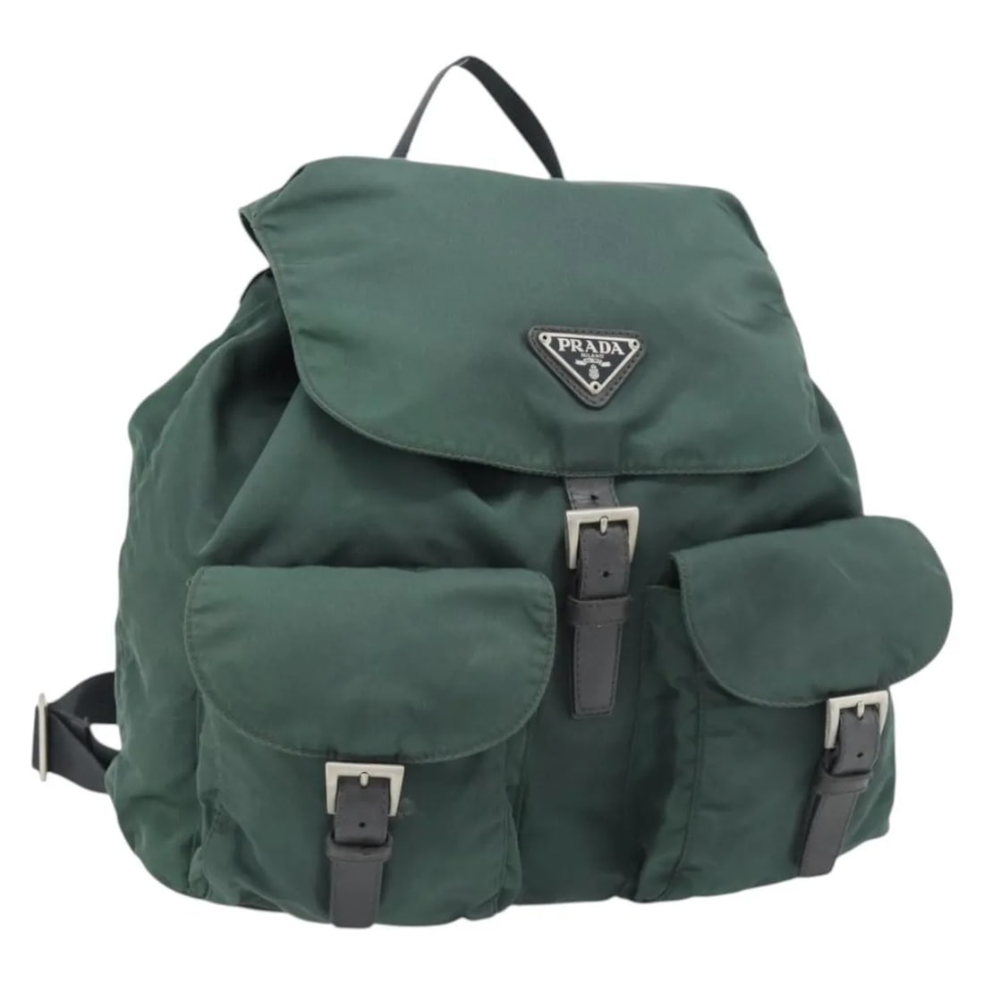 Prada Double Front Pocket Green Nylon Backpack: Prada Double Front Pocket Green Nylon Backpack This Prada Double Front Pocket Backpack is crafted from durable green nylon and features a practical design with multiple compartments. Made in Italy, it