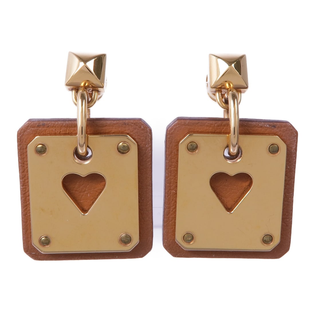 Hermes As de Coeur Gold Plated Leather Earrings Brown: Hermes As de Coeur Gold Plated Leather Earrings Brown Hermes As de Coeur earrings made with Veau Swift leather and gold plating. The design is presented in brown and gold, and the item comes with a st