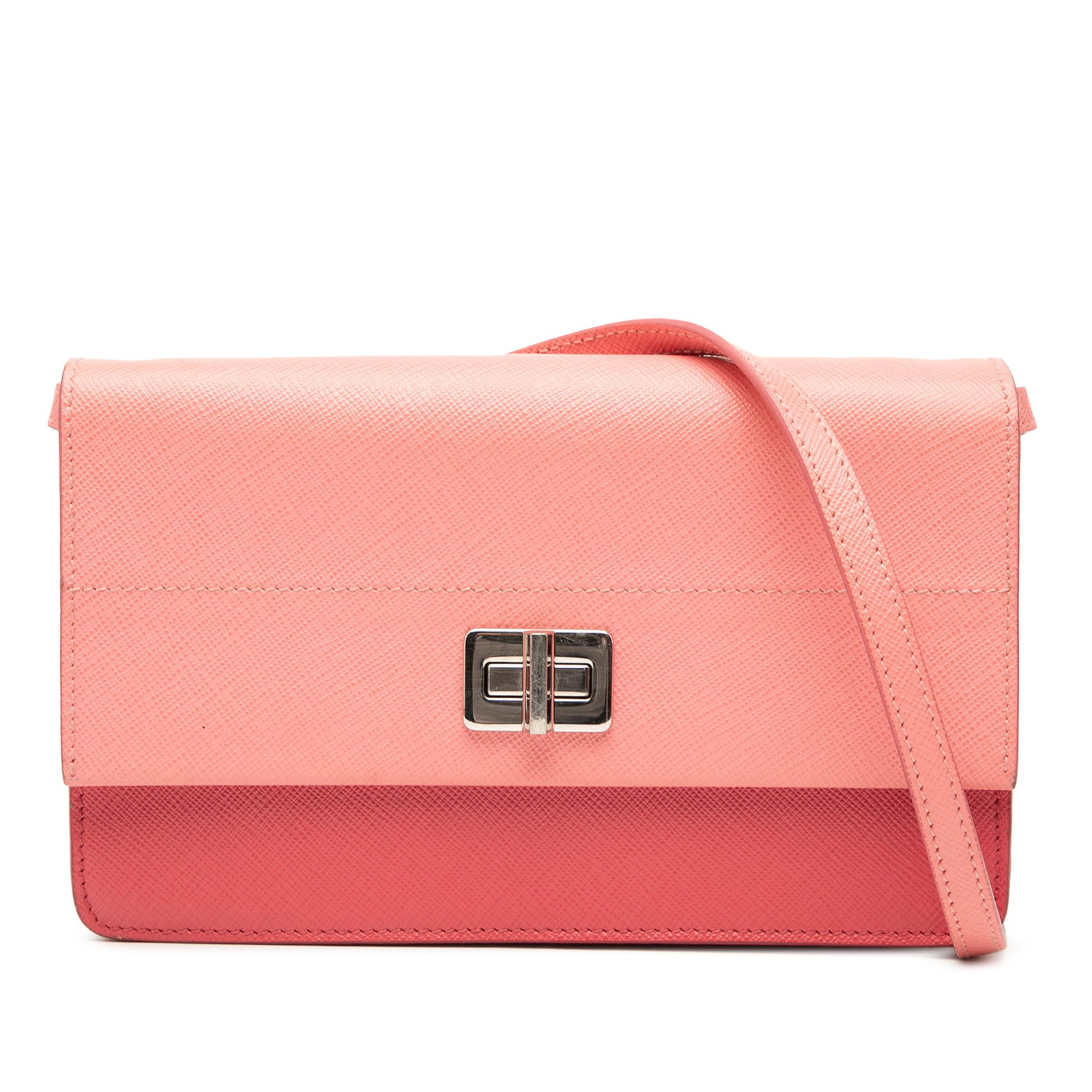 Pink Saffiano Leather Wallet on Strap by Prada with Turn Lock Closure: Pink Saffiano Leather Wallet on Strap by Prada with Turn Lock Closure This Prada Saffiano Turn Lock Wallet on Strap is crafted from pink saffiano leather and features a flat strap, a front flap with t