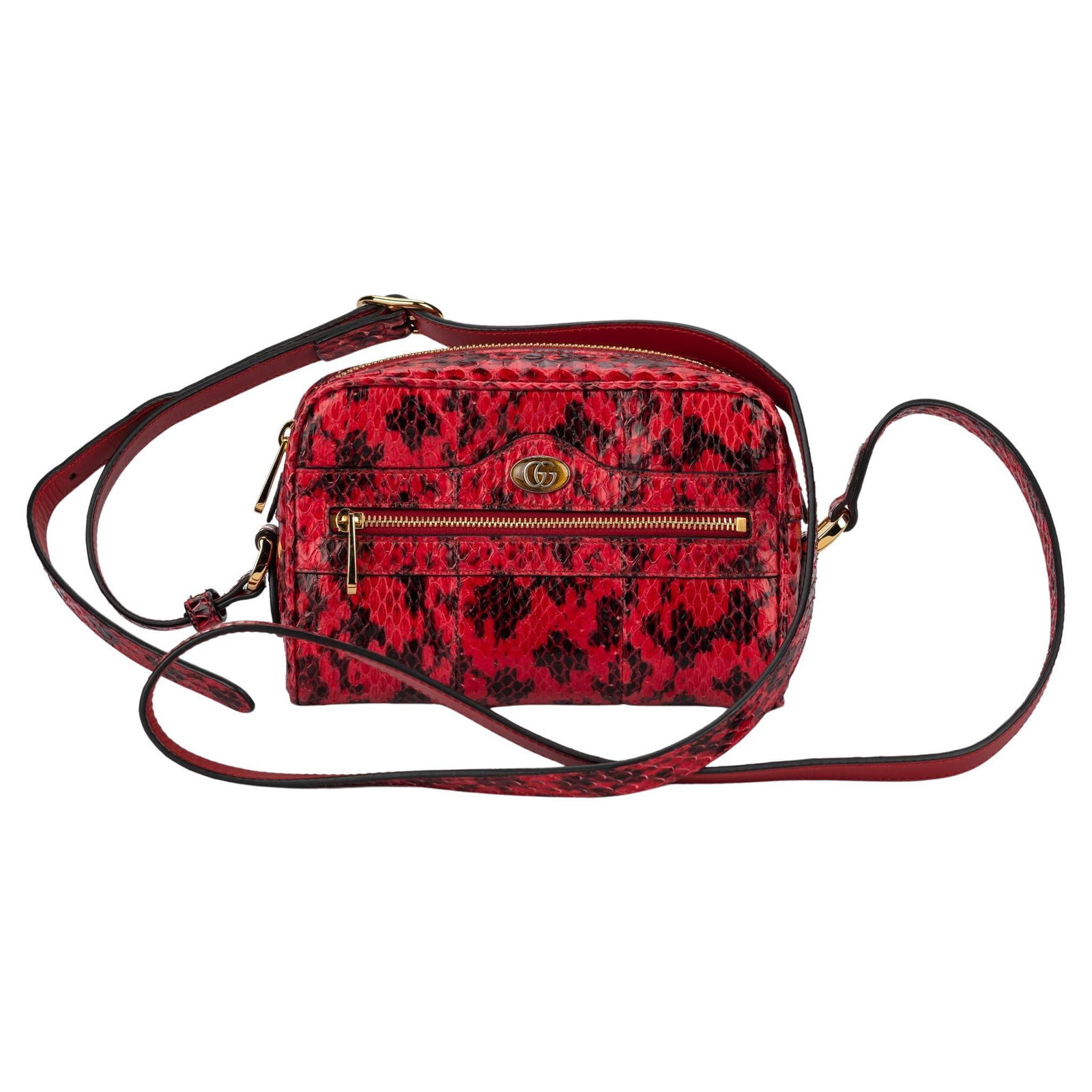 Gucci Red Watersnake Crossbody Bag with Adjustable Strap: Gucci Red Watersnake Crossbody Bag with Adjustable Strap Introducing a stunning crossbody bag from Gucci, crafted from luxurious red watersnake leather. This fashionable accessory is perfect for addin