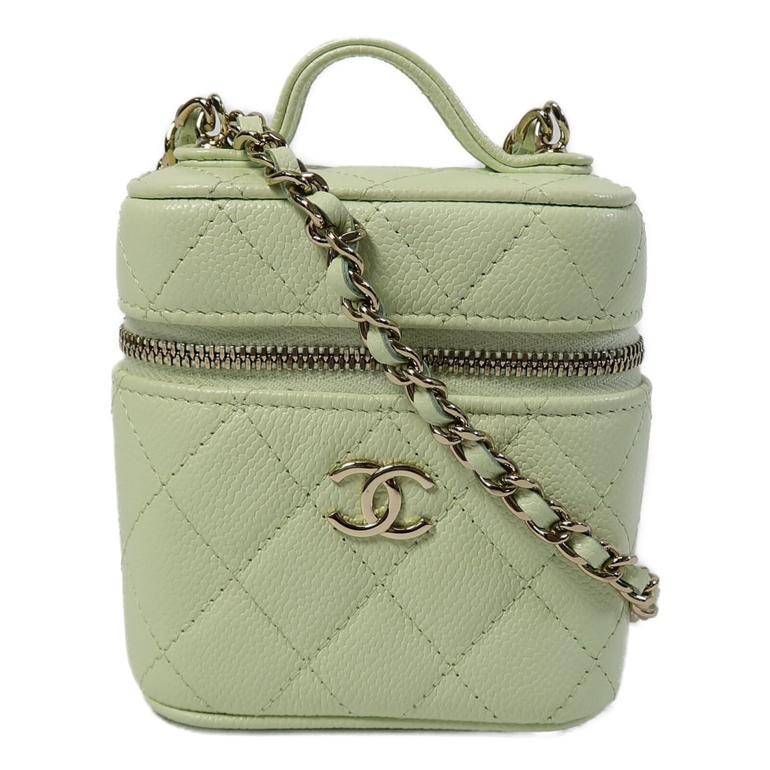 Chanel Mini Vanity Case Shoulder Bag Green Calfskin CC GHW: Chanel Mini Vanity Case Shoulder Bag Green Calfskin CC GHW Mini vanity case shoulder bag in green calfskin leather with gold-tone hardware. It features a handle and shoulder strap, and is described as