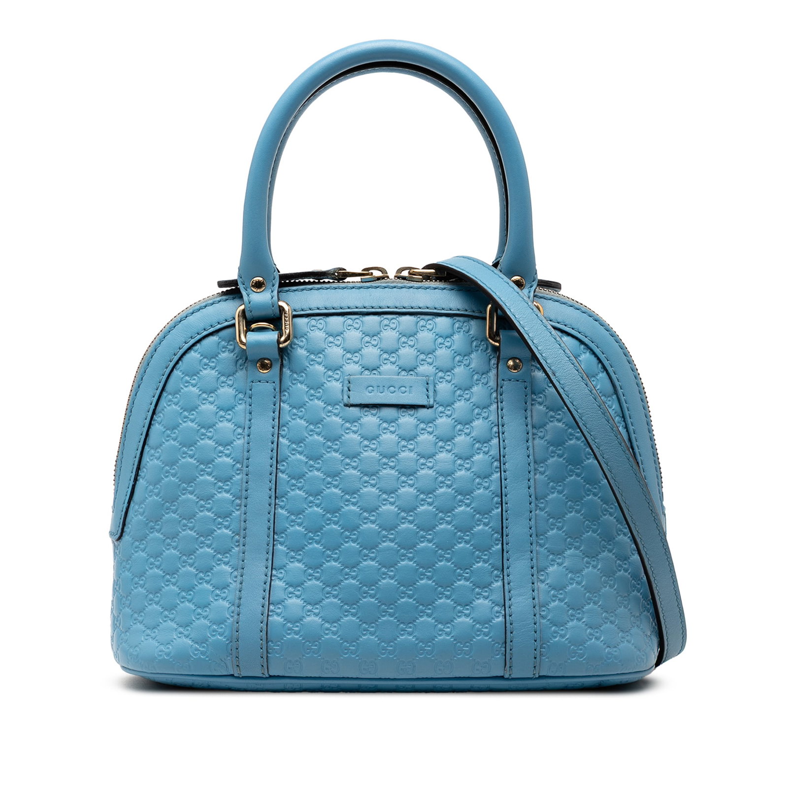 Gucci Mini Microguccissima Dome Satchel Blue Leather Bag: Gucci Mini Microguccissima Dome Satchel Blue Leather Bag This Gucci Mini Microguccissima Dome Satchel combines elegance with functionality. Crafted from embossed leather, it features rolled leather ha