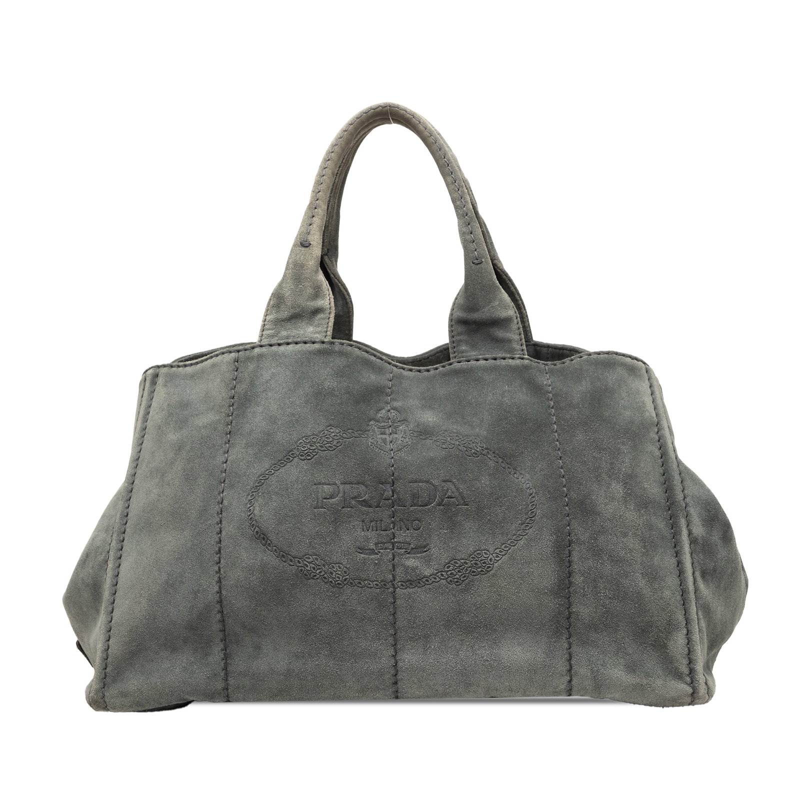 Prada Canapa Logo Tote Large Gray Suede Leather Bag: Prada Canapa Logo Tote Large Gray Suede Leather Bag Prada Large Suede Canapa Logo Tote in gray, made with a suede leather body and rolled handles. It has an open top and interior zip and slip pockets.