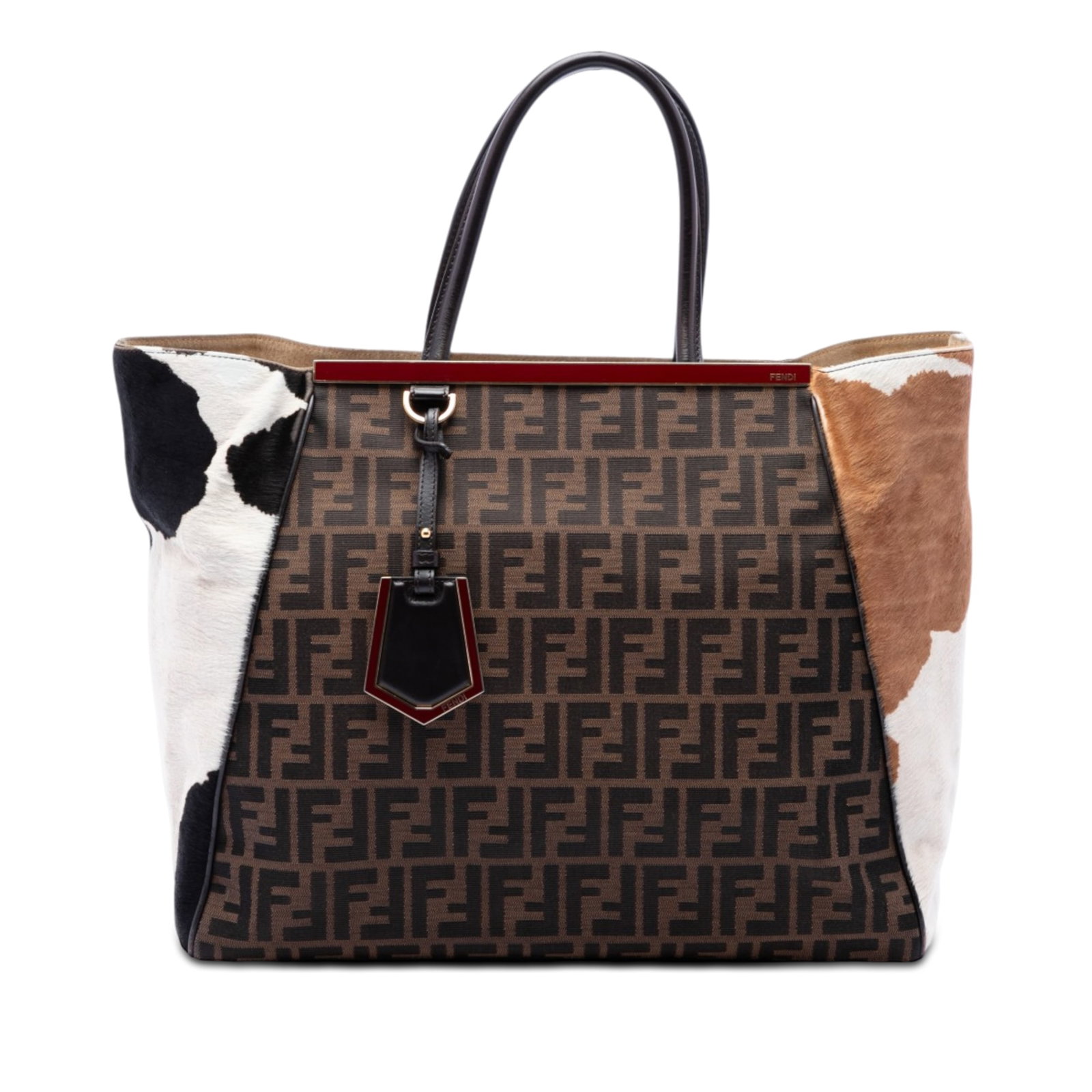 Fendi 2Jours Tote Large Zucca Canvas Ponyhair Brown: Fendi 2Jours Tote Large Zucca Canvas Ponyhair Brown Fendi Large Zucca Canvas Ponyhair 2Jours Tote in brown, made in Italy. This bag features a canvas and pony hair body with leather trim, rolled leath